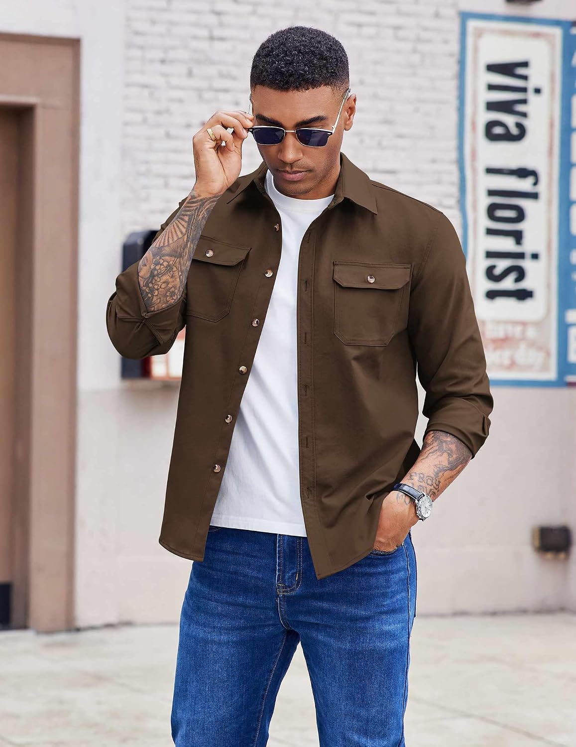 Detalle de COOFANDY Men's Long Sleeve Shirt Jacket with Button-Flap Pockets