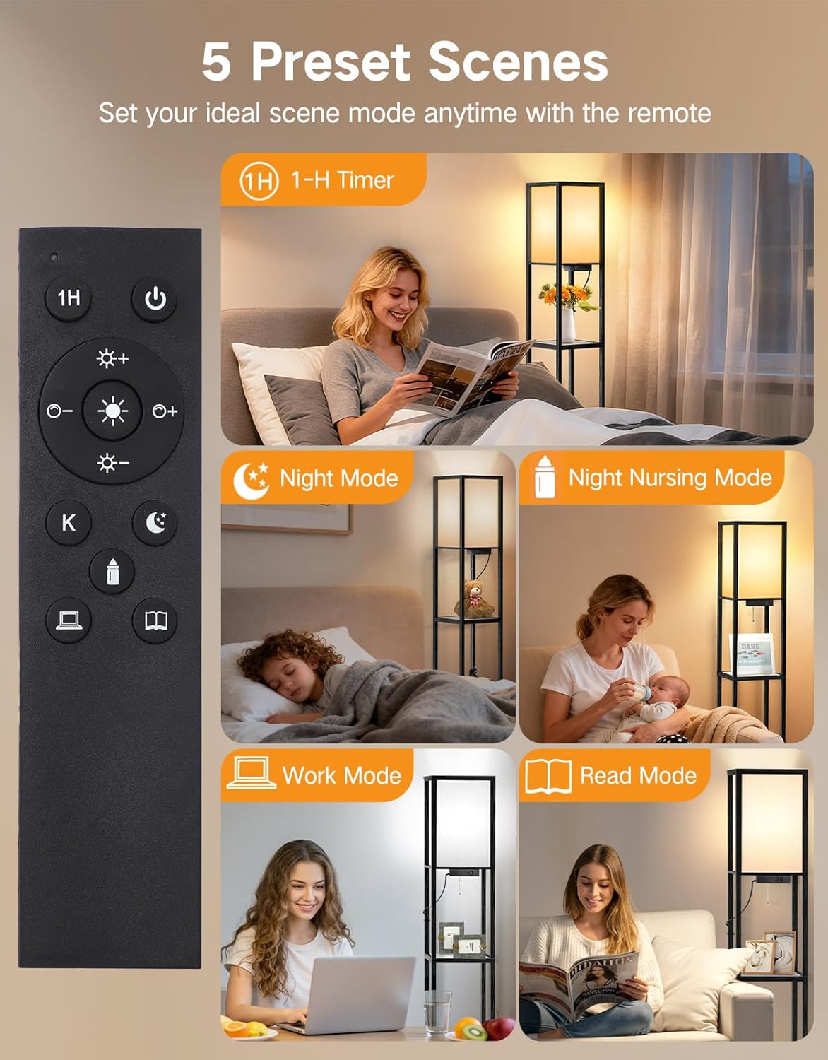 Thumbnail 5 de OUTON Stehlampe mit Glasablagen – LED-Stehleuchte mit USB-C & USB-A, Fernbedienung, 4 Farbtemperaturen