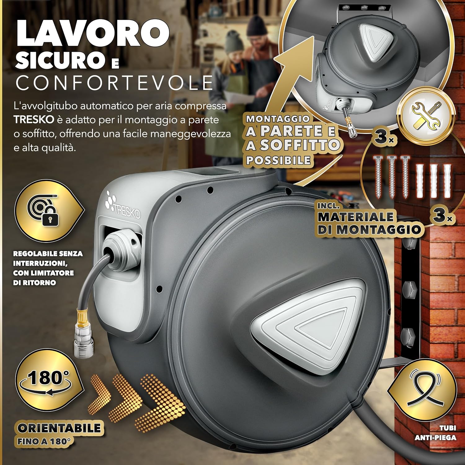 Thumbnail 6 de TRESKO Avvolgitubo Aria Compressa 15 mt con Tubo — Avvolgitubo Pneumatico 1/4", Arresto Automatico, Riavvolgitore, Blu