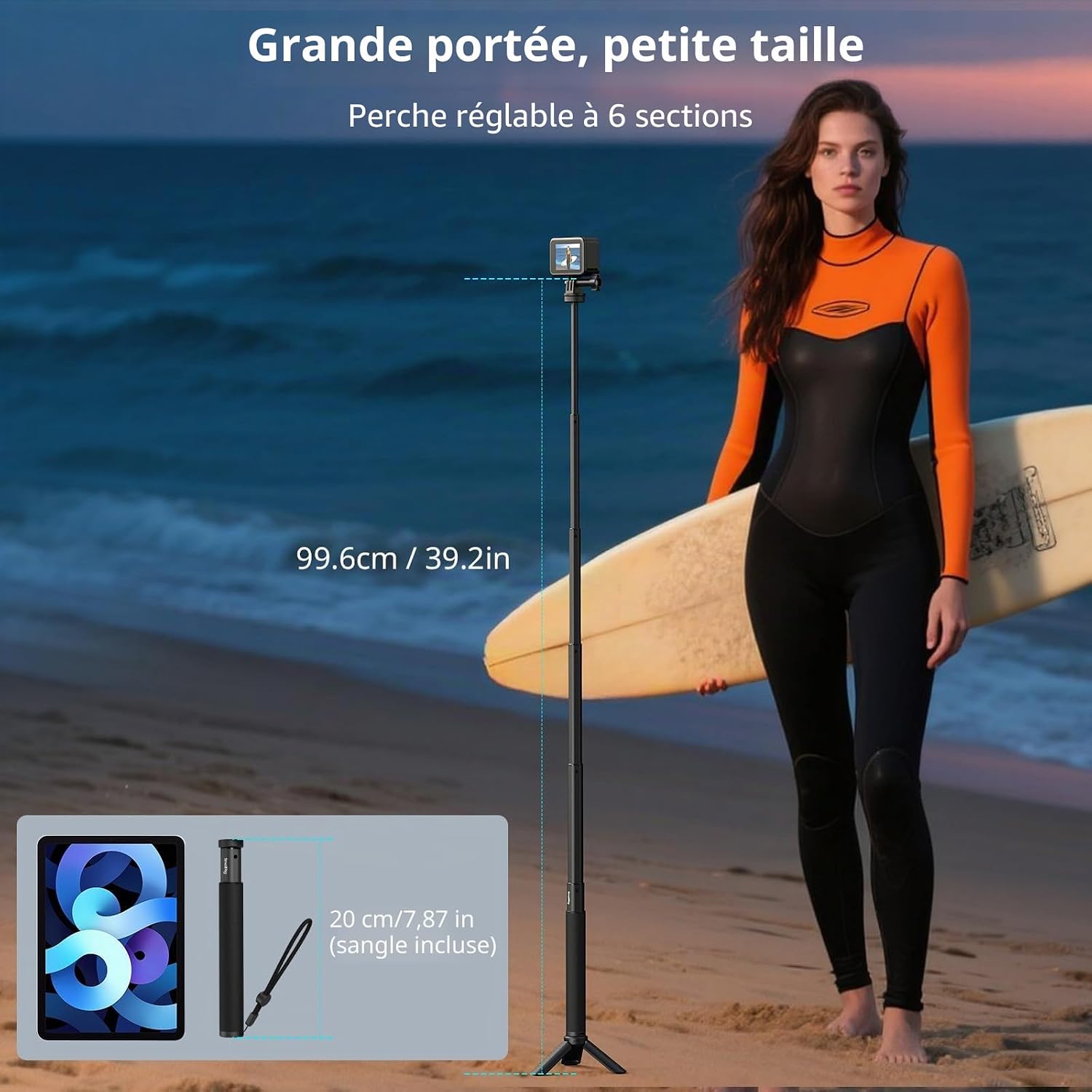 Detalle 2 de SMALLRIG Perche à selfie pour caméras d'action, modèle 5403 – extensible 7,8 à 37,4 pouces, avec trépied et support de téléphone