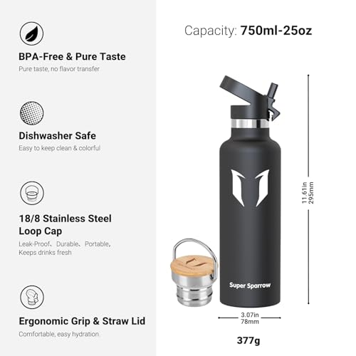 Detalle de Super Sparrow Botella Agua Acero Inoxidable 750 ml – Sin BPA, tapa con pajita y asa