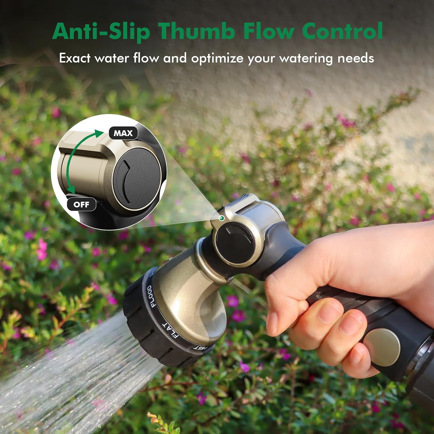 Detalle de RESTMO O-HN-9 Metal Garden Hose Nozzle, 7 Spray Patterns, Thumb Control