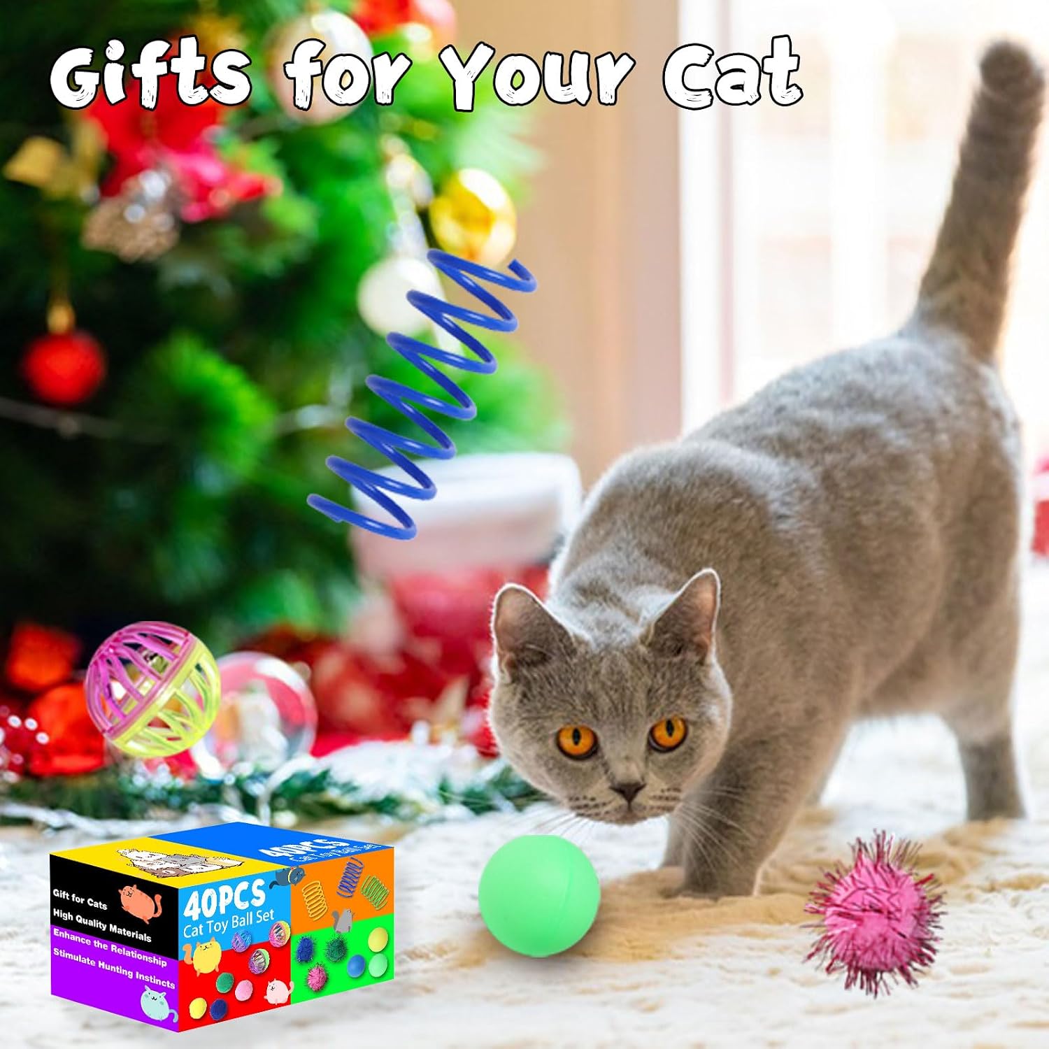 Detalle de Flashine A12 Cat Toy Set, 40 Pieces with Springs, Jingle Balls and Pom-Poms