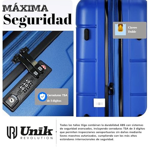 Detalle de Unik REVOLUTION: Juego de 3 Maletas Rígidas ABS con Expansión, 4 Ruedas 360° y Cerradura TSA (Cabina 55cm, Mediana 67cm, Grande 77cm) - Azul