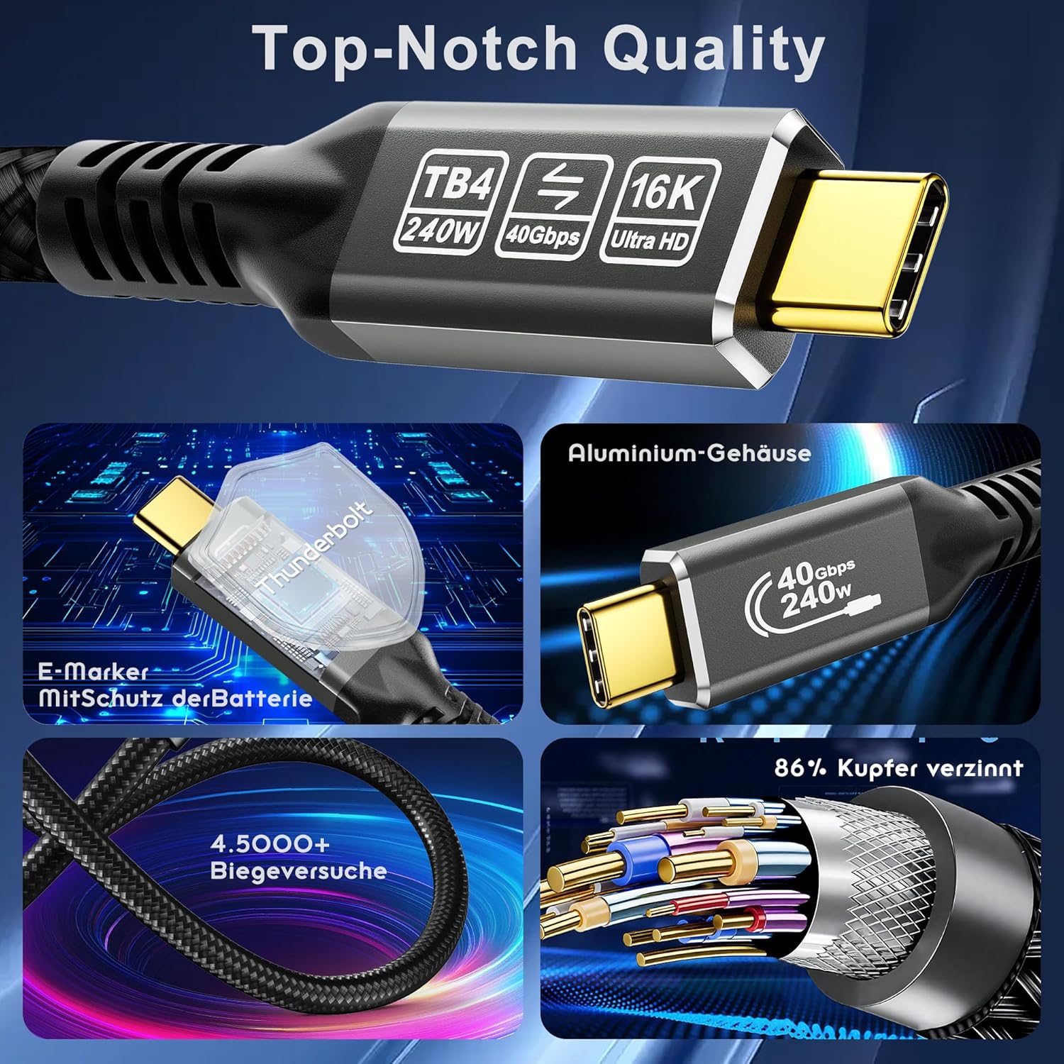 Thumbnail 4 de CAKOBLE Thunderbolt 4 Kabel (USB-C) 0,5 m – 40 Gbit/s, 240 W Schnellladung & Dual-Display bis 4K/144 Hz