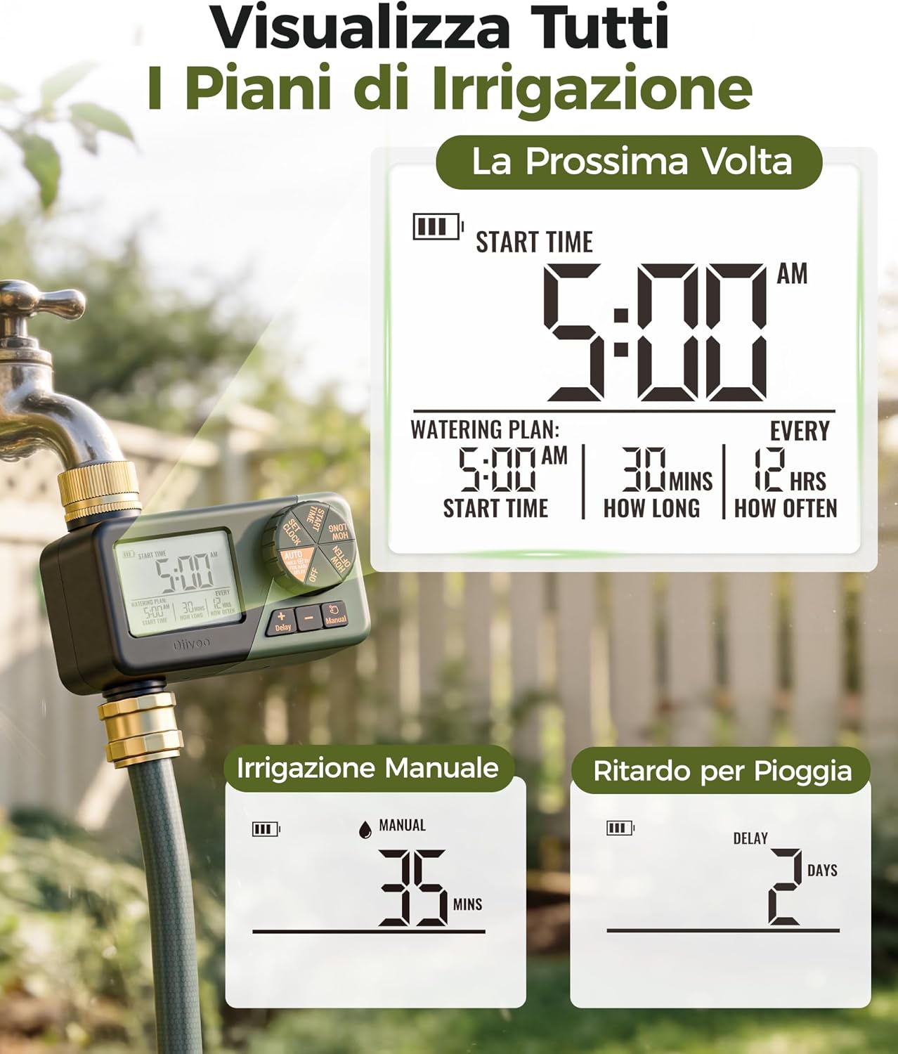 Detalle 2 de Diivoo Ottone Centralina Irrigazione IP66: Timer con Display LCD e Ritardo Pioggia