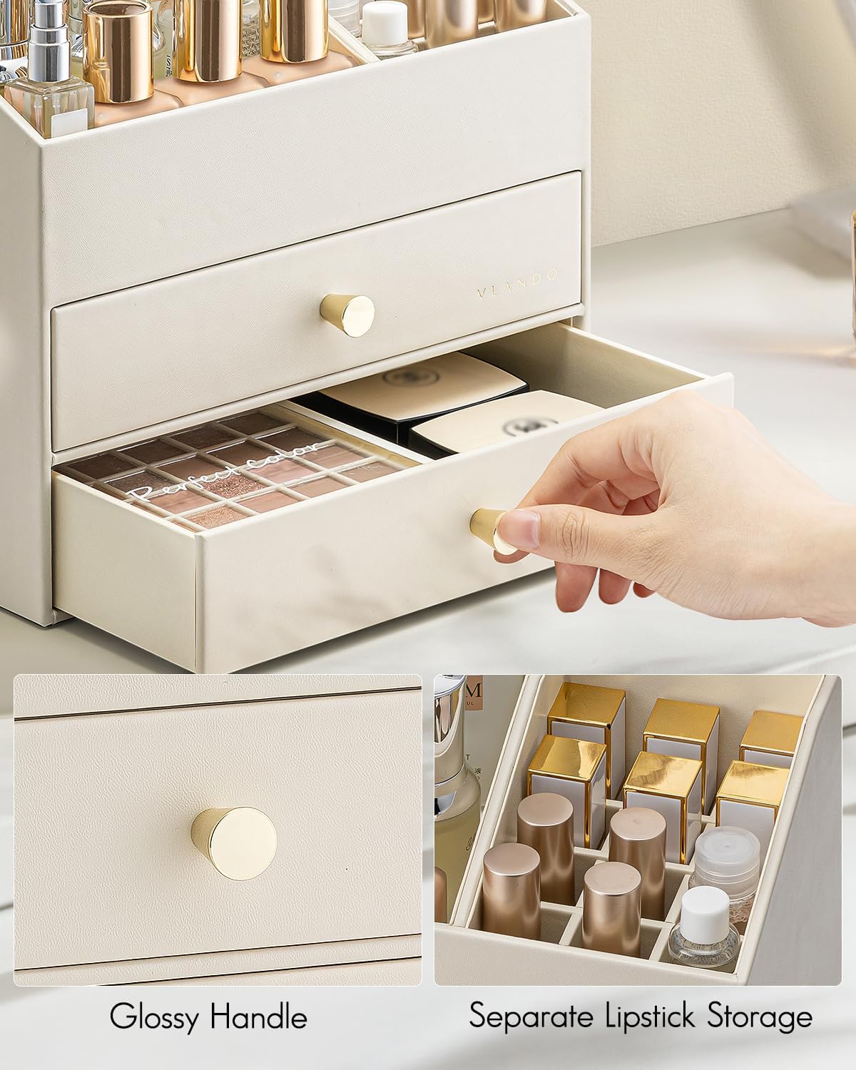 Detalle 2 de VLANDO Make up Organizer mit 3 Schubladen – Kosmetik- und Schmink Organizer, Beige