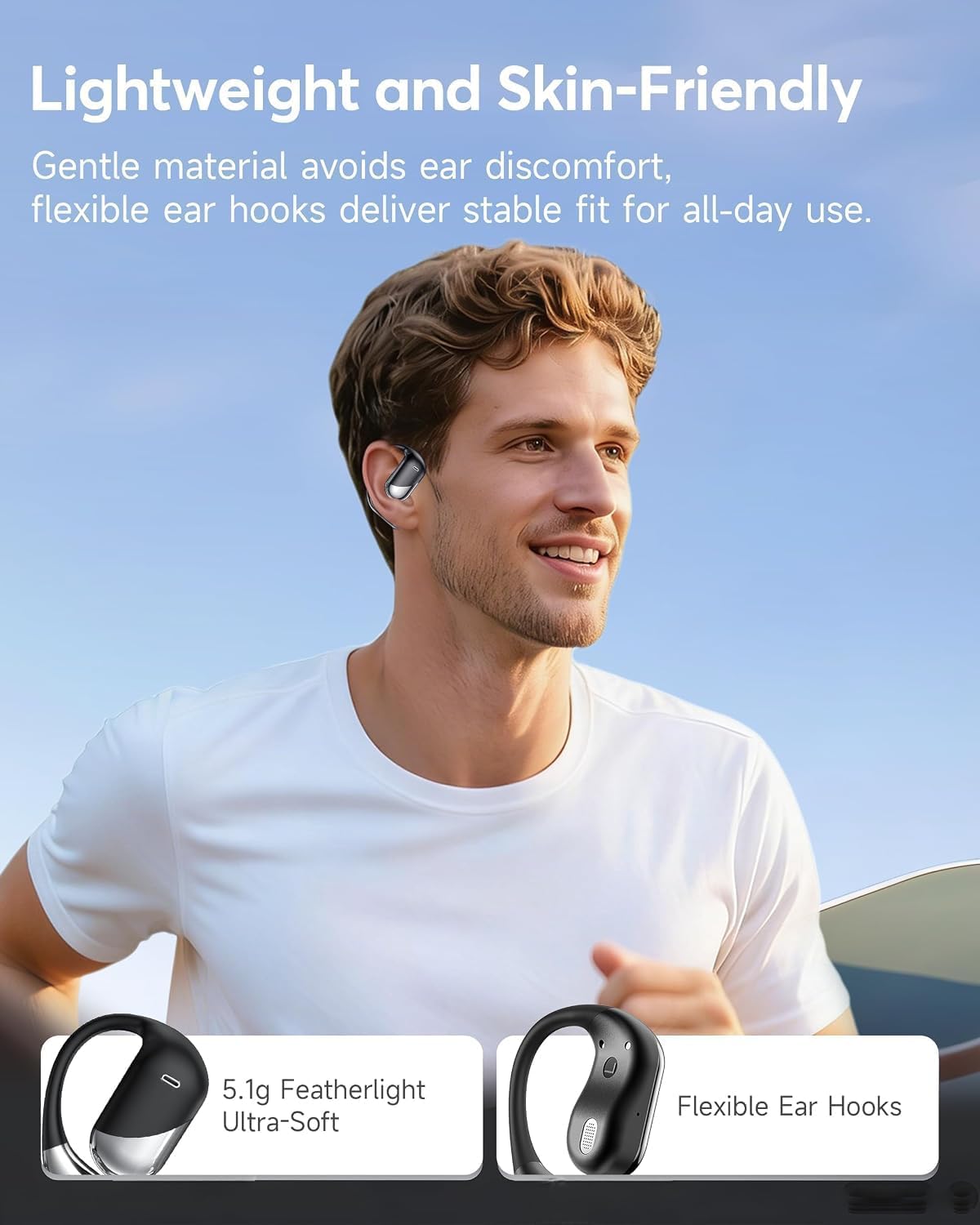 Detalle de Ultra Open Ear Earbuds with Soft Over-Ear Hooks — Bluetooth 6.1, 60H Playtime, IP55