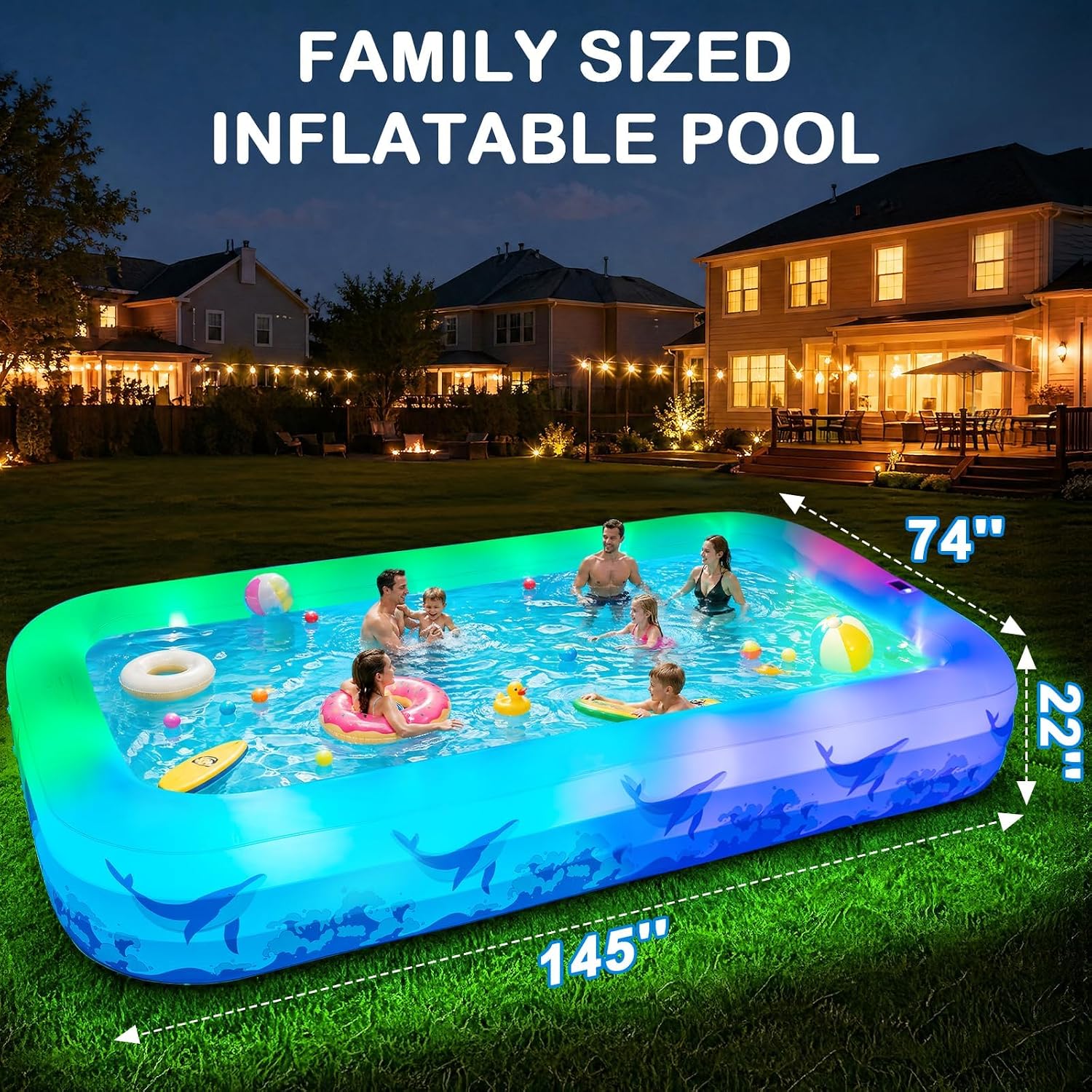 Detalle de Large Inflatable Pool with Solar-Powered Lights (12FT x 6.5FT) — Family-Size Backyard Oasis