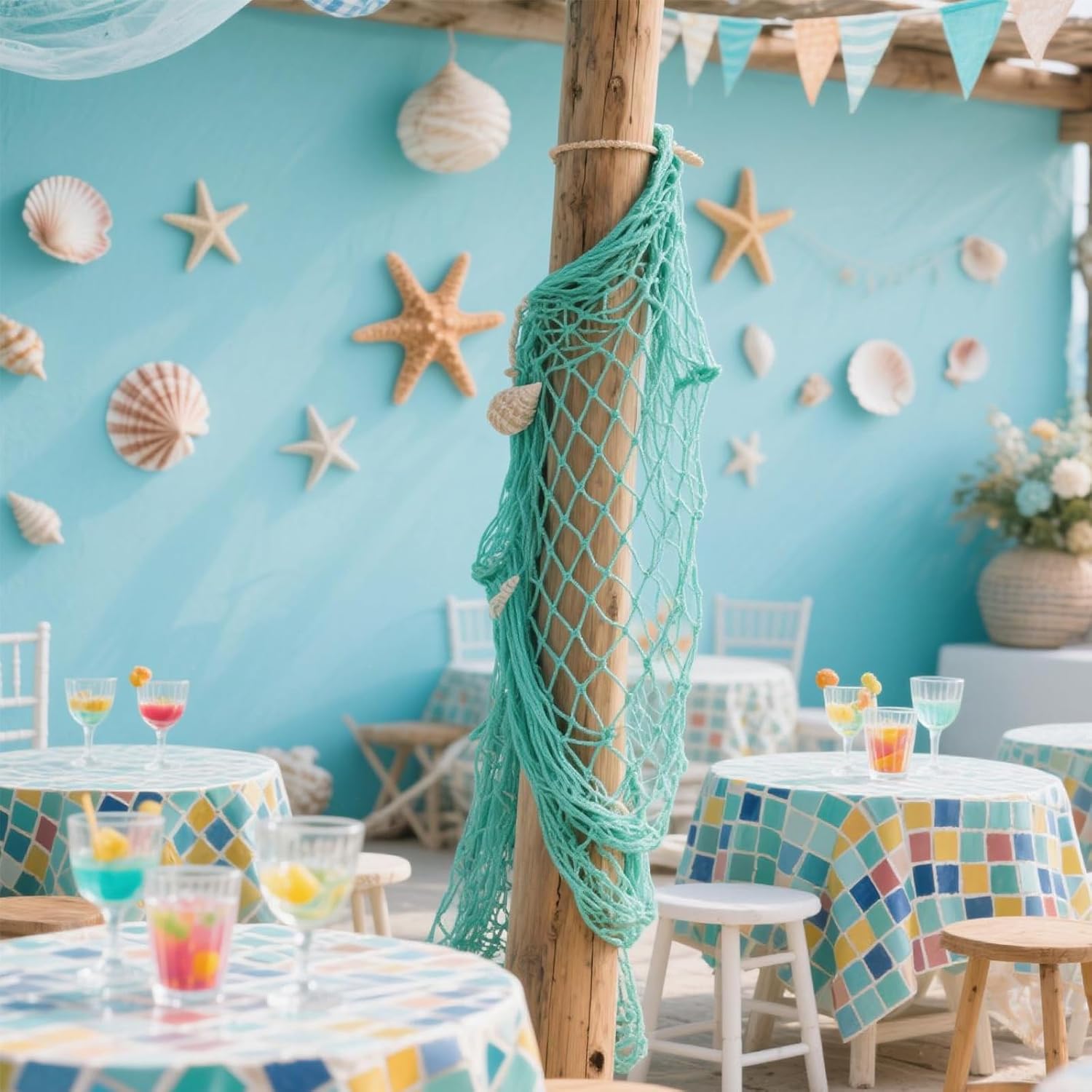 Thumbnail 2 de 2 Pack Natural Cotton Fish Net Decorations for Party – Nautical Hawaiian Backdrop & Table Decor