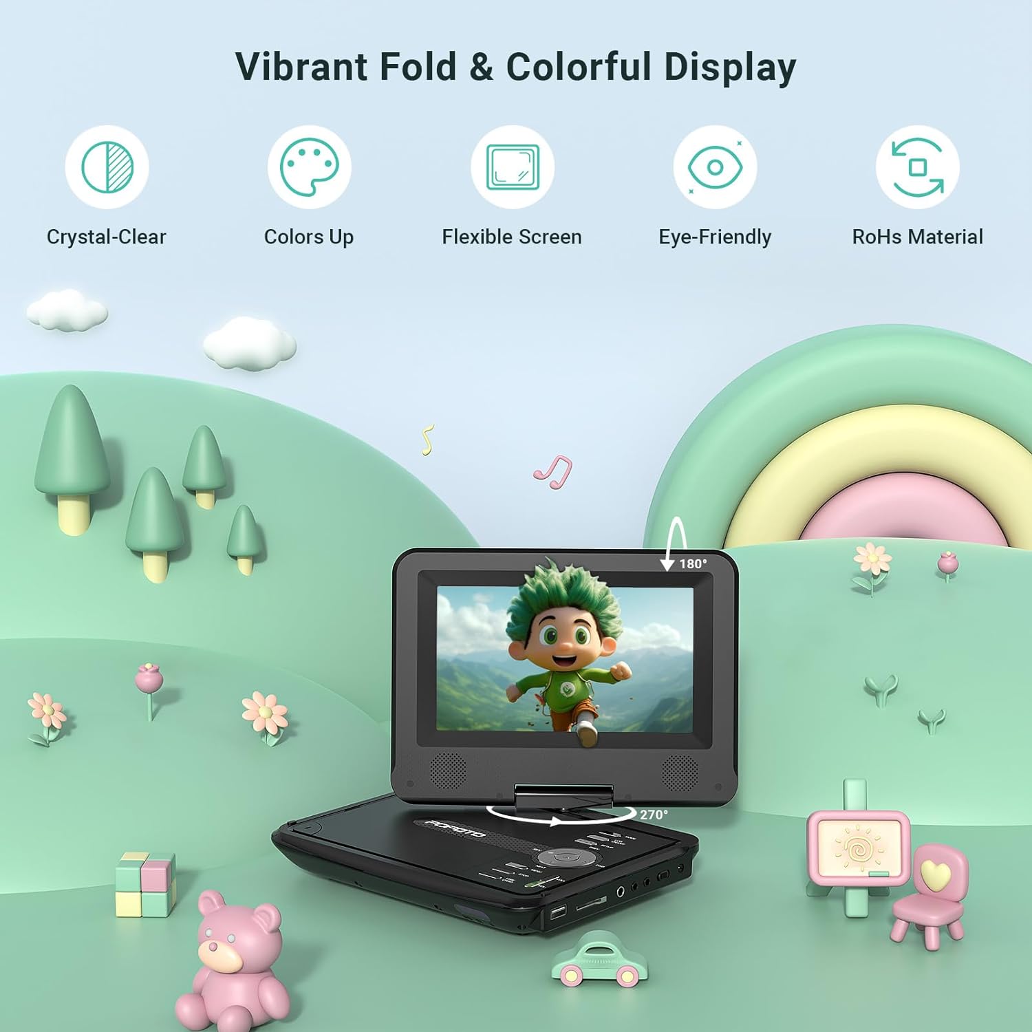 Detalle 2 de POFOTO 9.5" Portable DVD Player for Kids and Car with 7.5" Swivel Screen