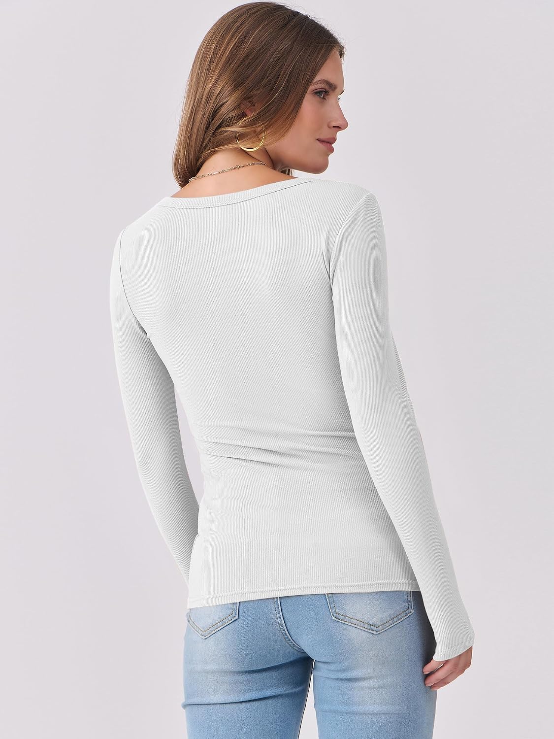 Thumbnail 3 de DUOEASE Langarmshirt Damen Basic Slim Fit mit U-Ausschnitt – einfarbiges Stretch-Top