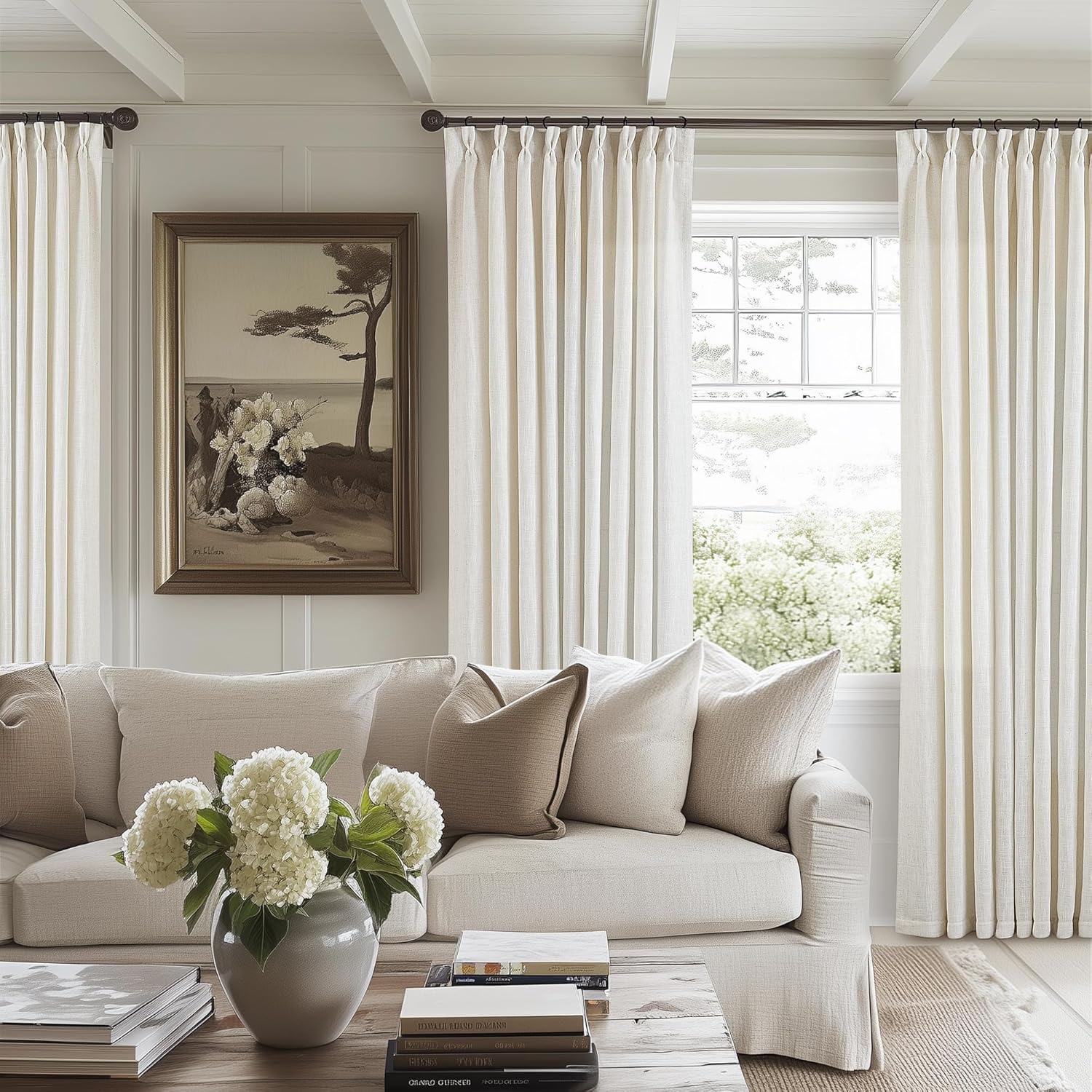 Thumbnail 6 de TWODRAPES Extra Wide 60in Width Pinch Pleated Curtains 96in Length in Cream (1 Panel) - Thick Linen Blend, Light Filtering & Privacy