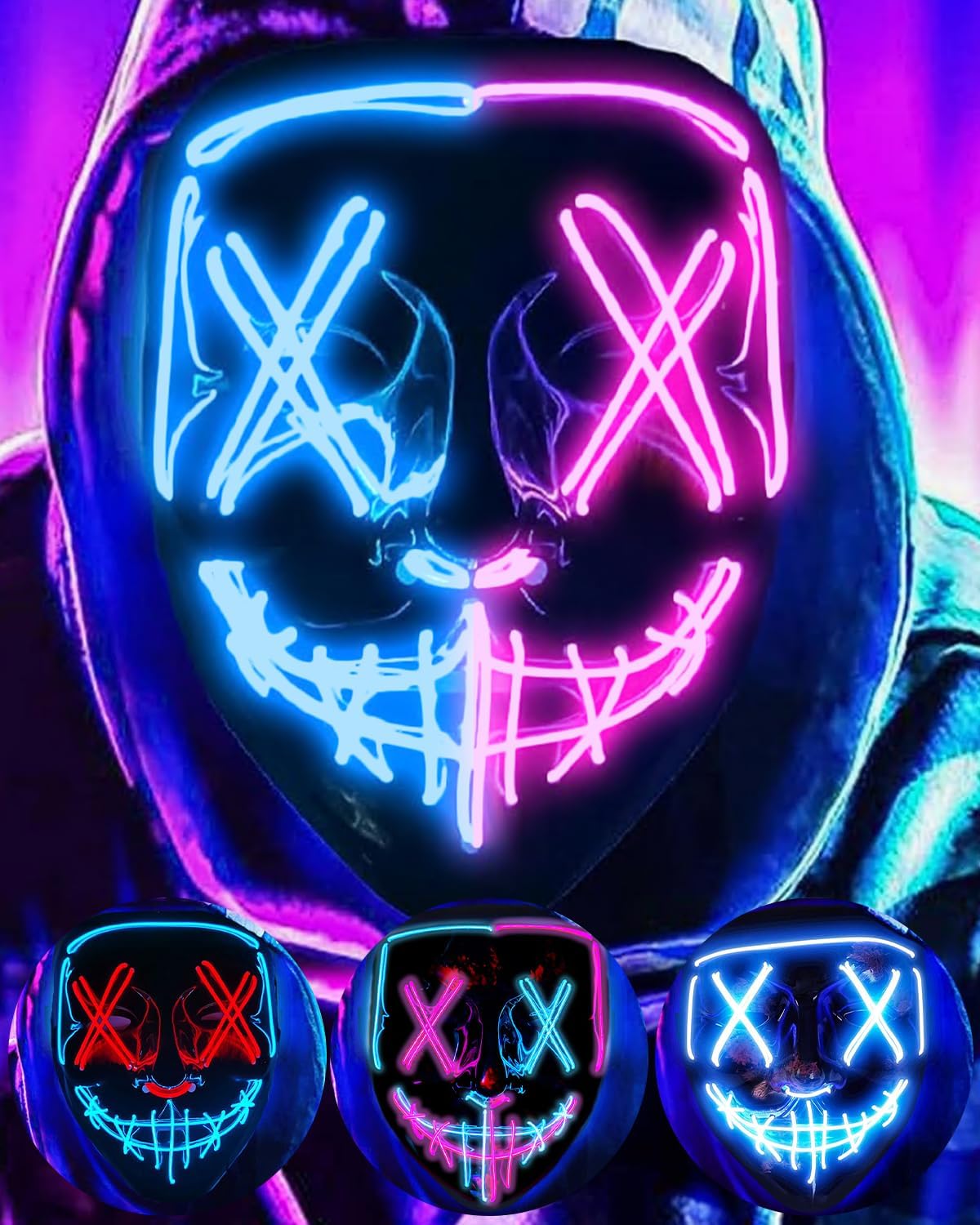 Detalle de DWTECH LED Halloween Mask, Ice Blue and Pink, 3 Light Modes