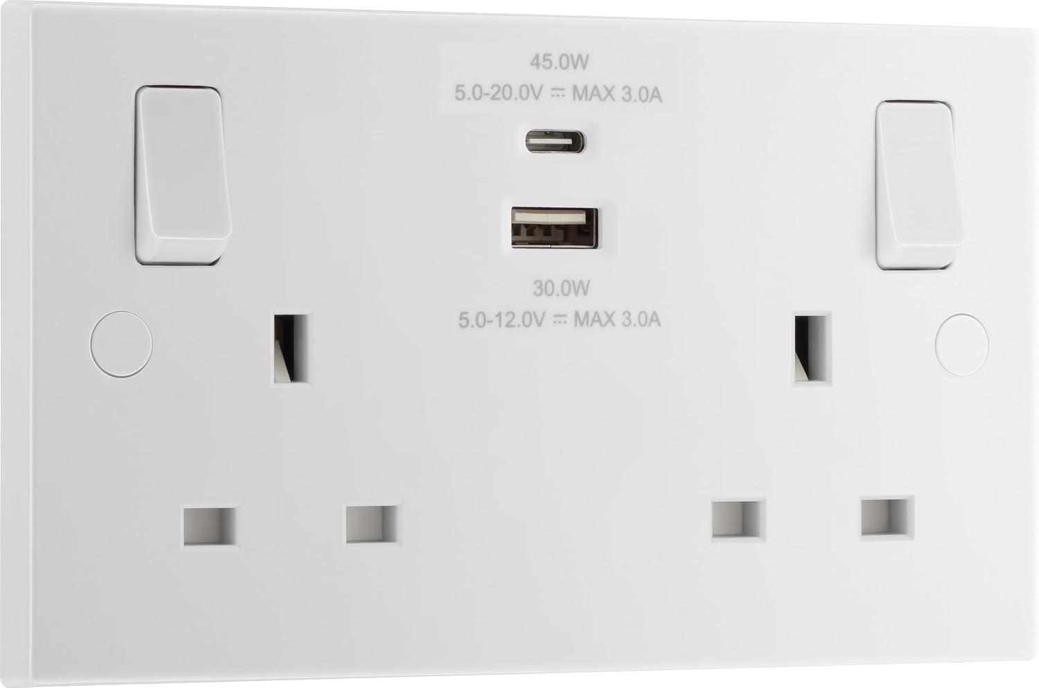 Detalle de BG Electrical 922UAC45 45W Double Switched Power Wall Socket with USB Type A & C (White Moulded, Nexus 900 Series)