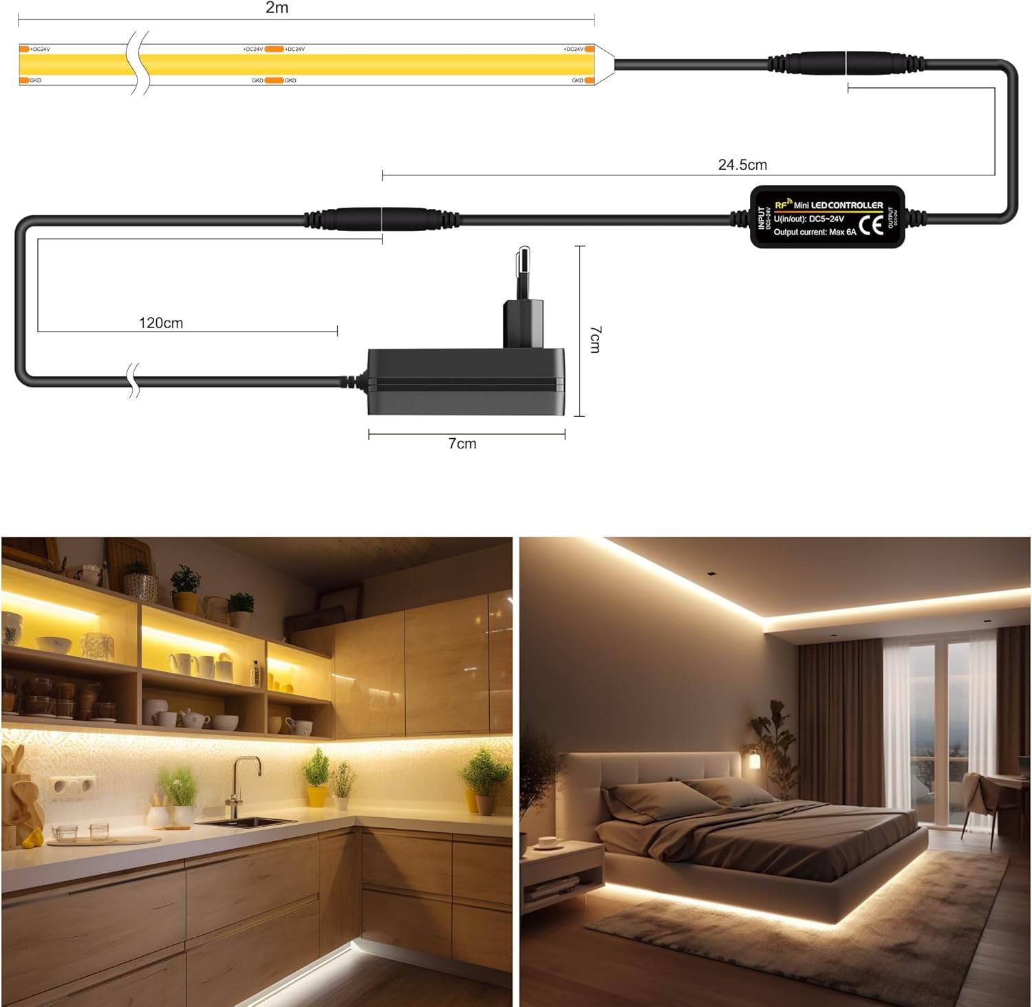 Thumbnail 1 de TTWAY COB LED Streifen 2M – 2700K Warmweiß, 480 LED/m, CRI 90+, Netzteil & Fernbedienung, DC24V