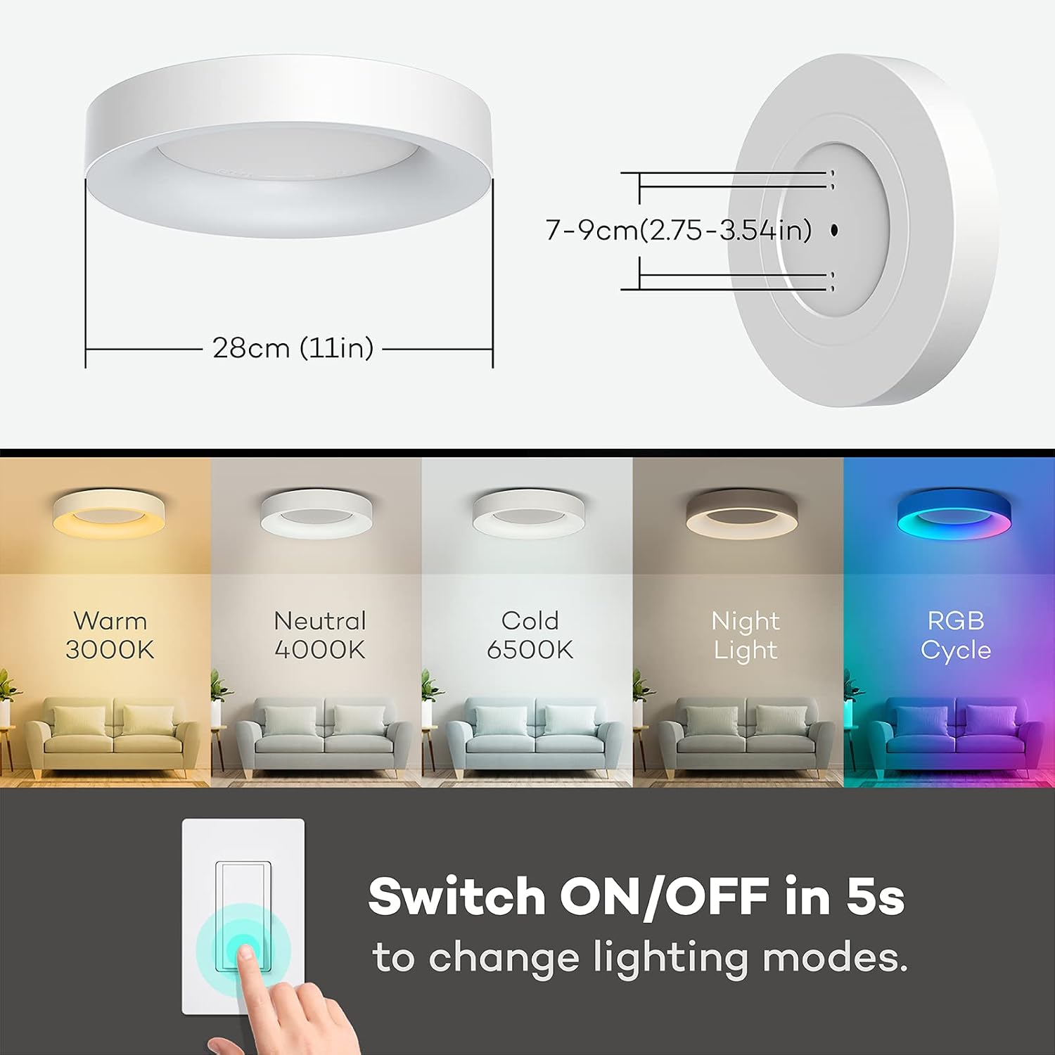 Thumbnail 6 de Matane Matane RGB LED Flush Ceiling Light (24W) with Remote, Dimmable 3000K–6500K, 11 Inch White