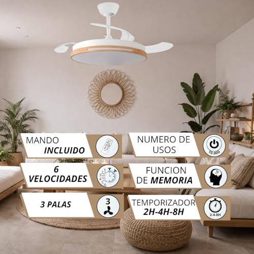 Detalle 2 de NARVI Ventilador de Techo Blanco y Madera Haya Ø107 cm con Luz LED regulable y Mando a distancia – modelo 8936 WDN