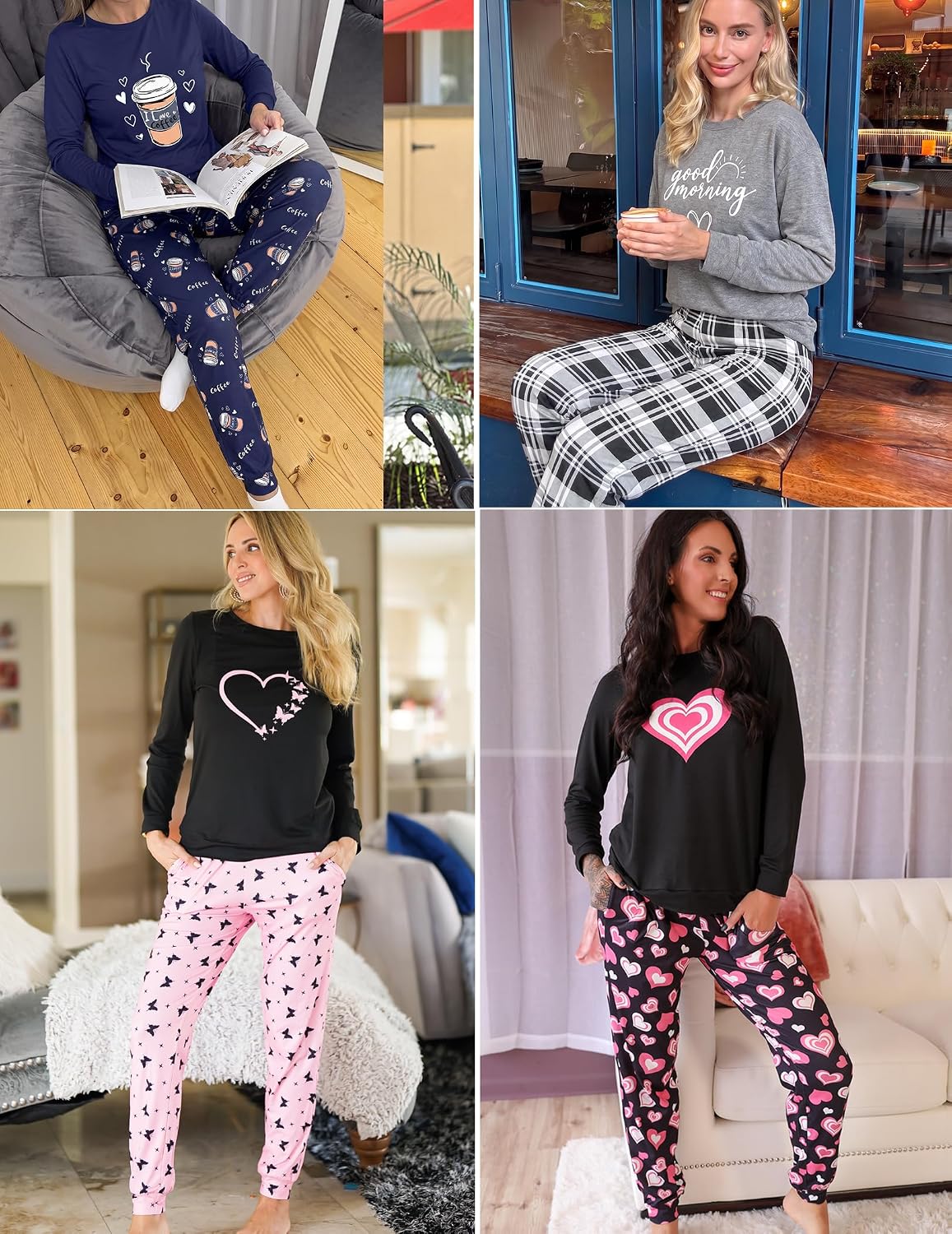 Detalle 2 de Ekouaer Women's Printed Pajama Set with Long-Sleeve Top and Pocket Joggers