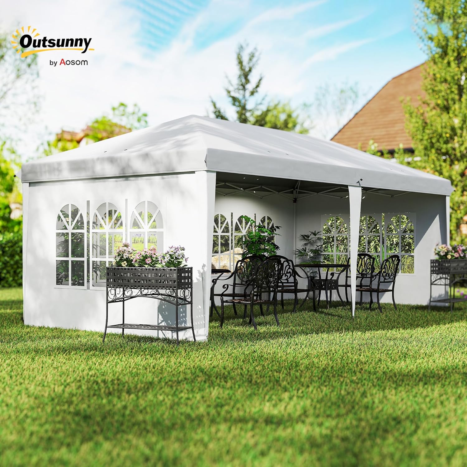 Thumbnail 1 de Outsunny Tonnelle de Jardin extérieure Pop-up Pliante 3x6 m – Barnum 3 côtés démontables, blanc