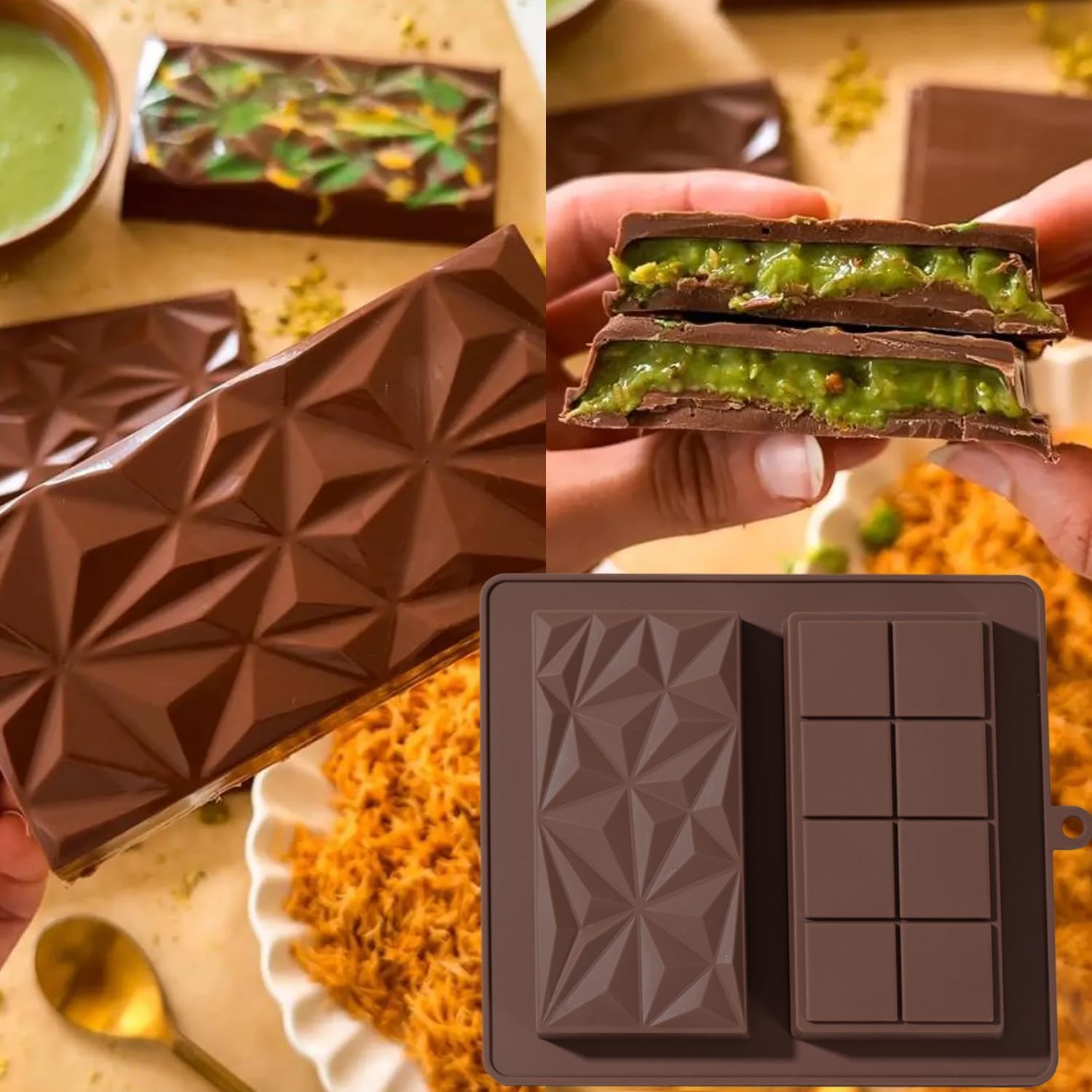 Detalle 2 de UWILLION Deep Chocolate Bar Mold Silicone 1 Inch Dubai Pistachio Bar 🍫