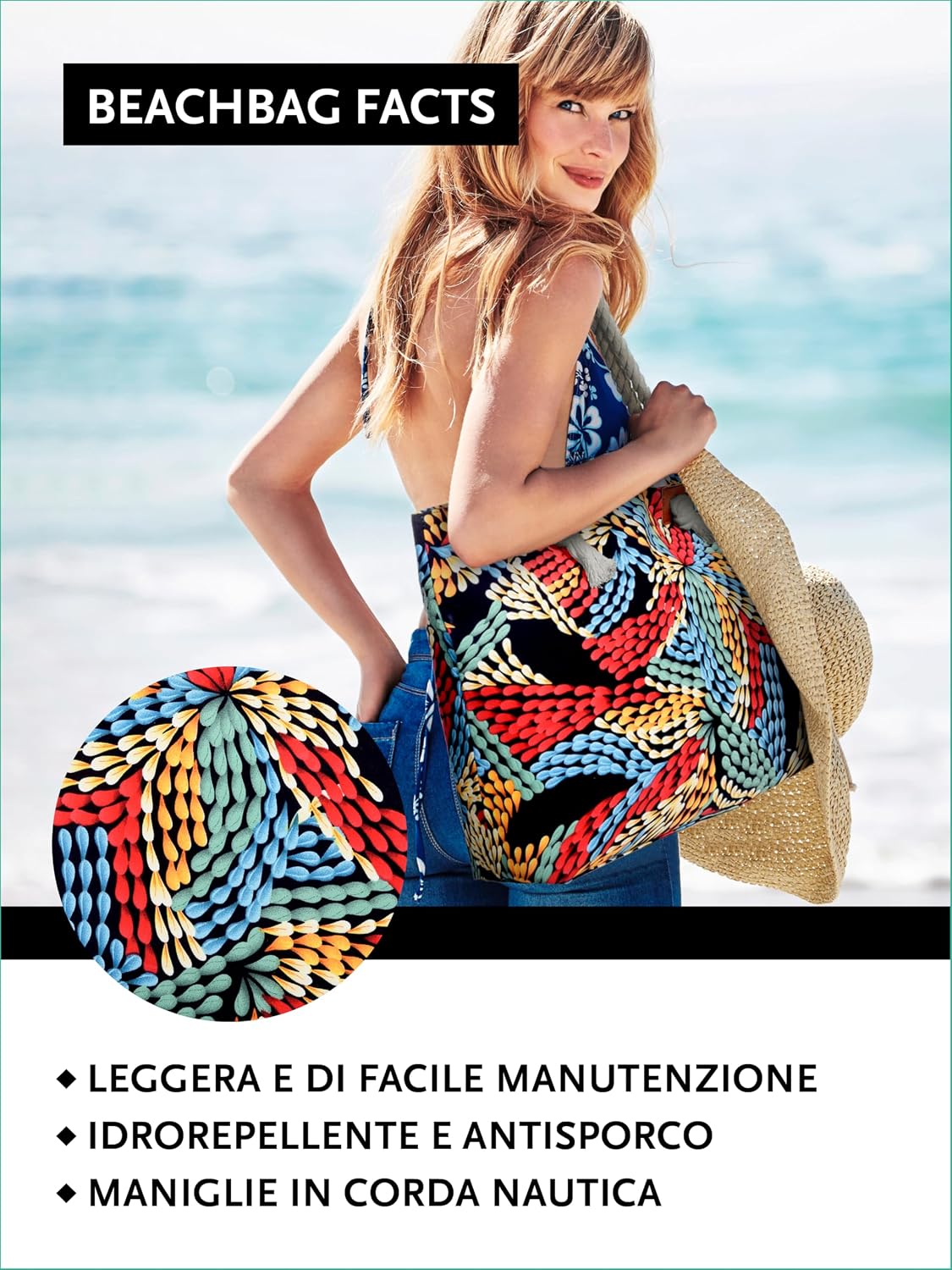 Detalle de DonDon Grande borsa da spiaggia idrorepellente con cerniera – Shopper XXL