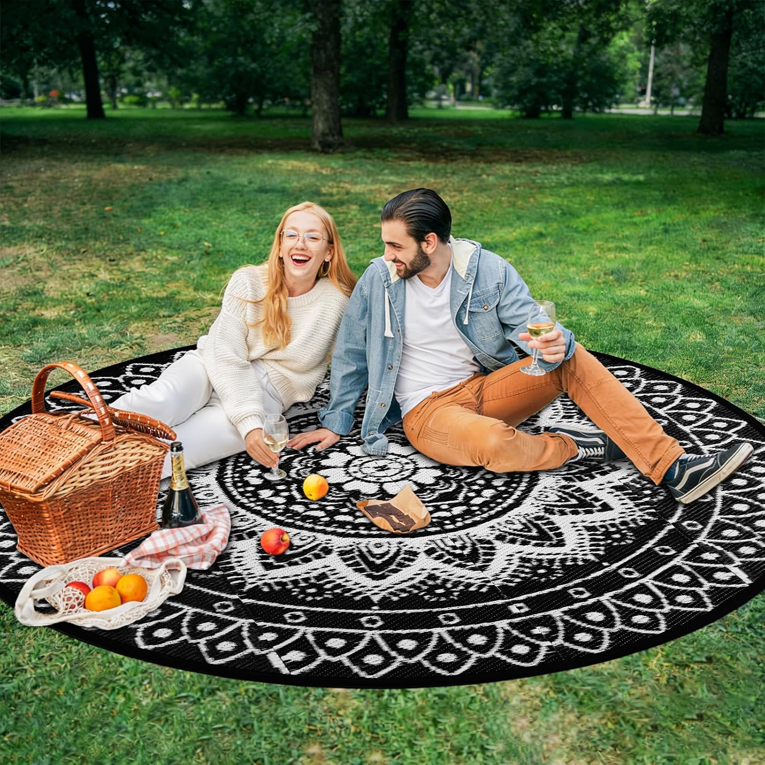 Detalle de VSIWB 240cm Round Outdoor Rug – Reversible Boho Pattern, Waterproof & Foldable