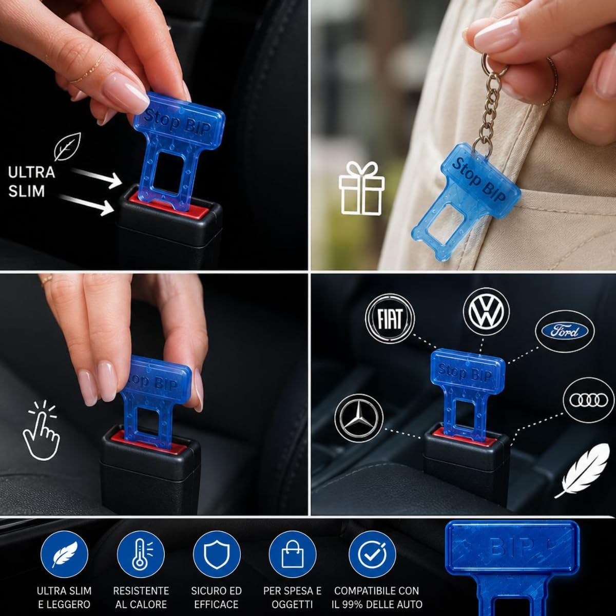Detalle de Stop BIP Clip Cintura Sicurezza Auto Universal – Pack 4 Clip UltraSlim con Portachiavi Omaggio