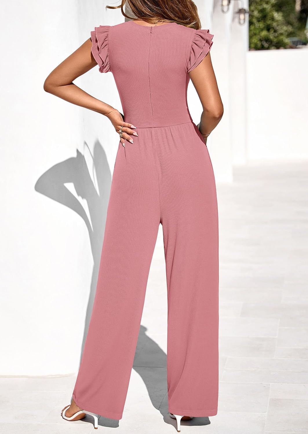 Detalle 2 de PRETTYGARDEN One Piece Jumpsuits for Women — Ribbed Knit, V-Neck, Wide-Leg Romper