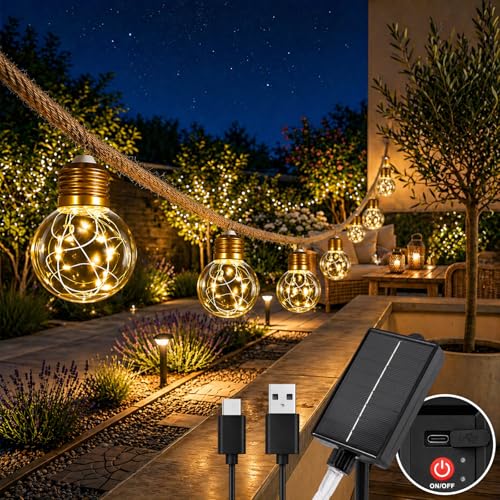 Detalle de Cnulenzt Solar Lichterkette Outdoor 20 Glühbirnen, 10 m, Hanfseil – dimmbar, Memory-Funktion, USB & Solar