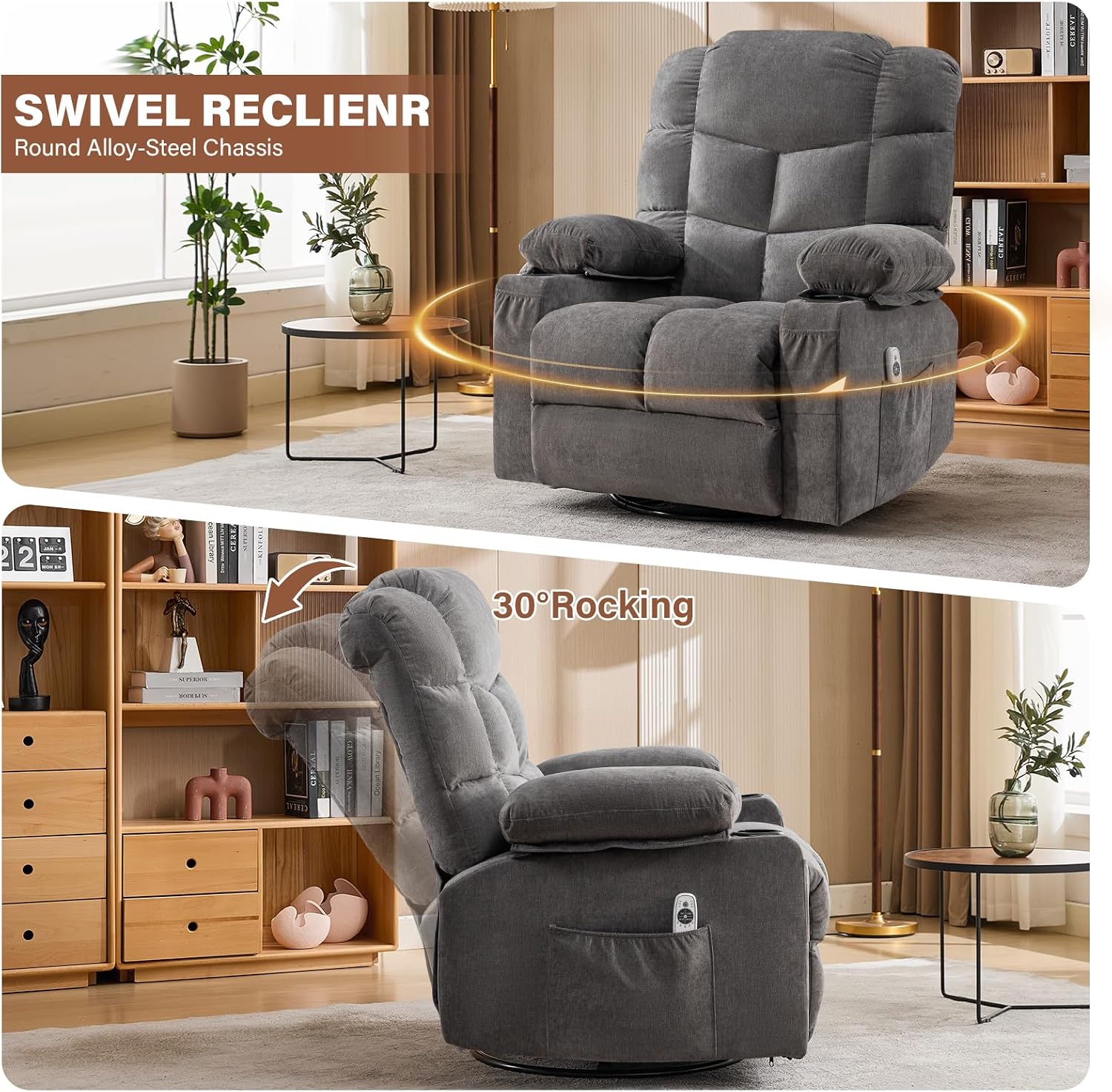 Detalle 2 de Swivel Rocker Recliner Chair with Massage