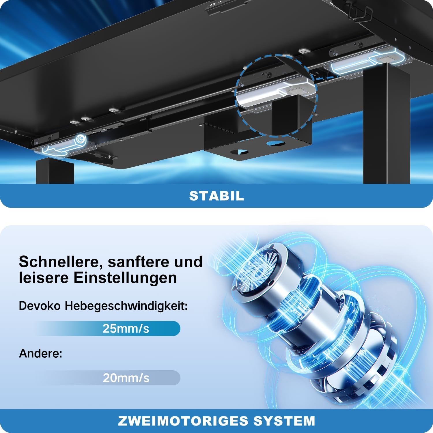 Detalle de Devoko höhenverstellbarer Schreibtisch mit 2 Motoren, 25-mm-Tischplatte (140 x 70 cm) – elektrisch inkl. Kabelmanagement