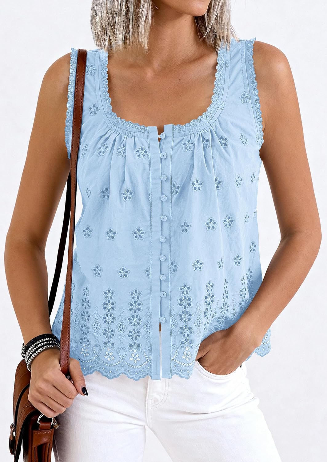 Detalle de PrettyGarden Women's Eyelet Button-Down Tank Top - 2026 Summer