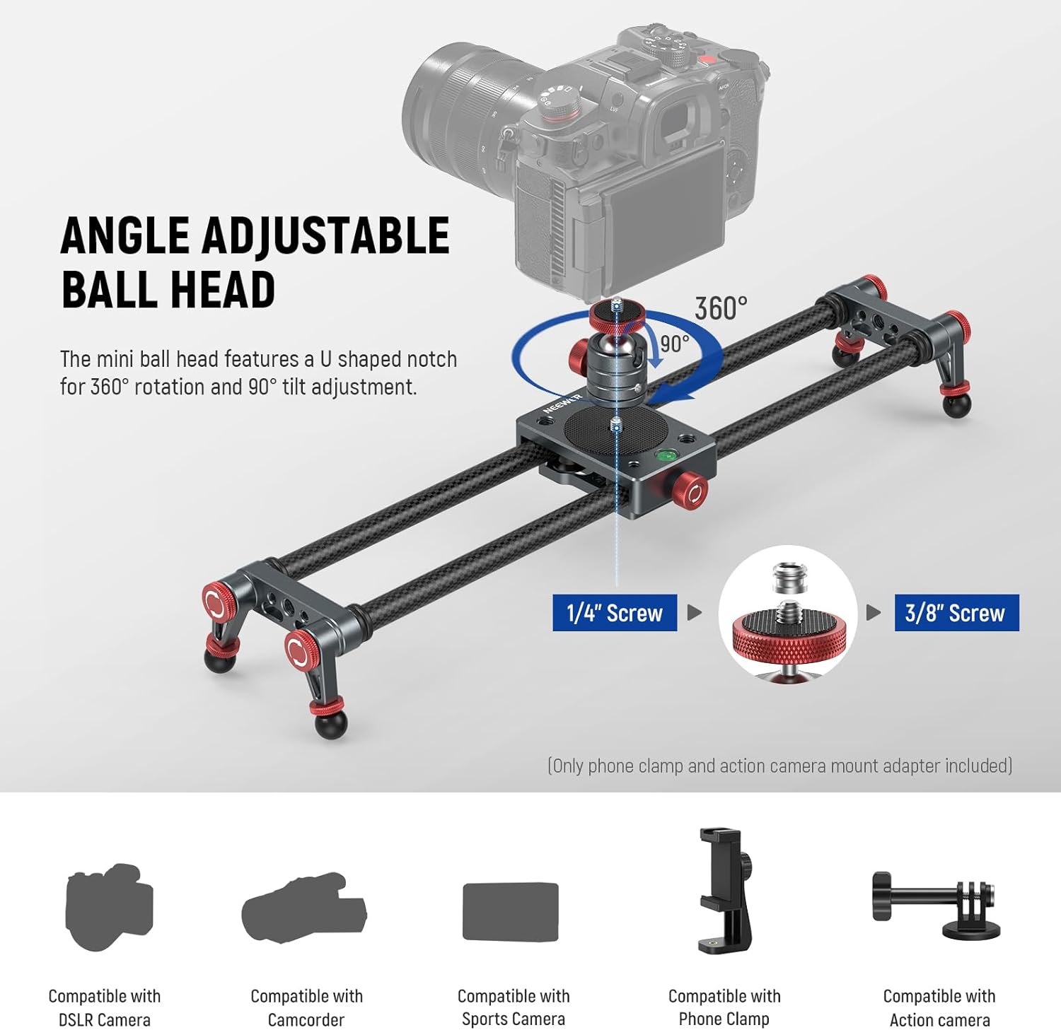 Thumbnail 3 de NEEWER 40 cm Kohlefaser Kamera-Slider Dolly Slider Schiene mit 360° Kugelkopf, Smartphone- und Action-Kamera-Halterung (CS1M)