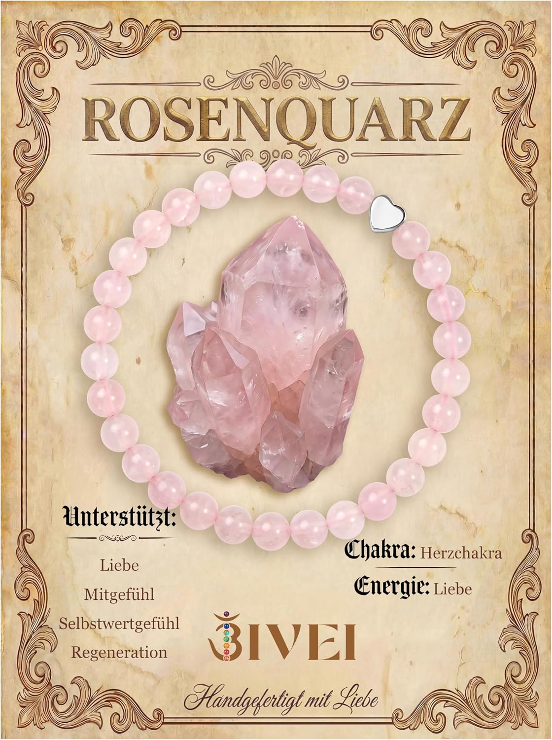Detalle de Bivei Rosenquarz 6 mm Stretcharmband für Damen – handgefertigtes Naturstein-Armband mit Edelstahlperle