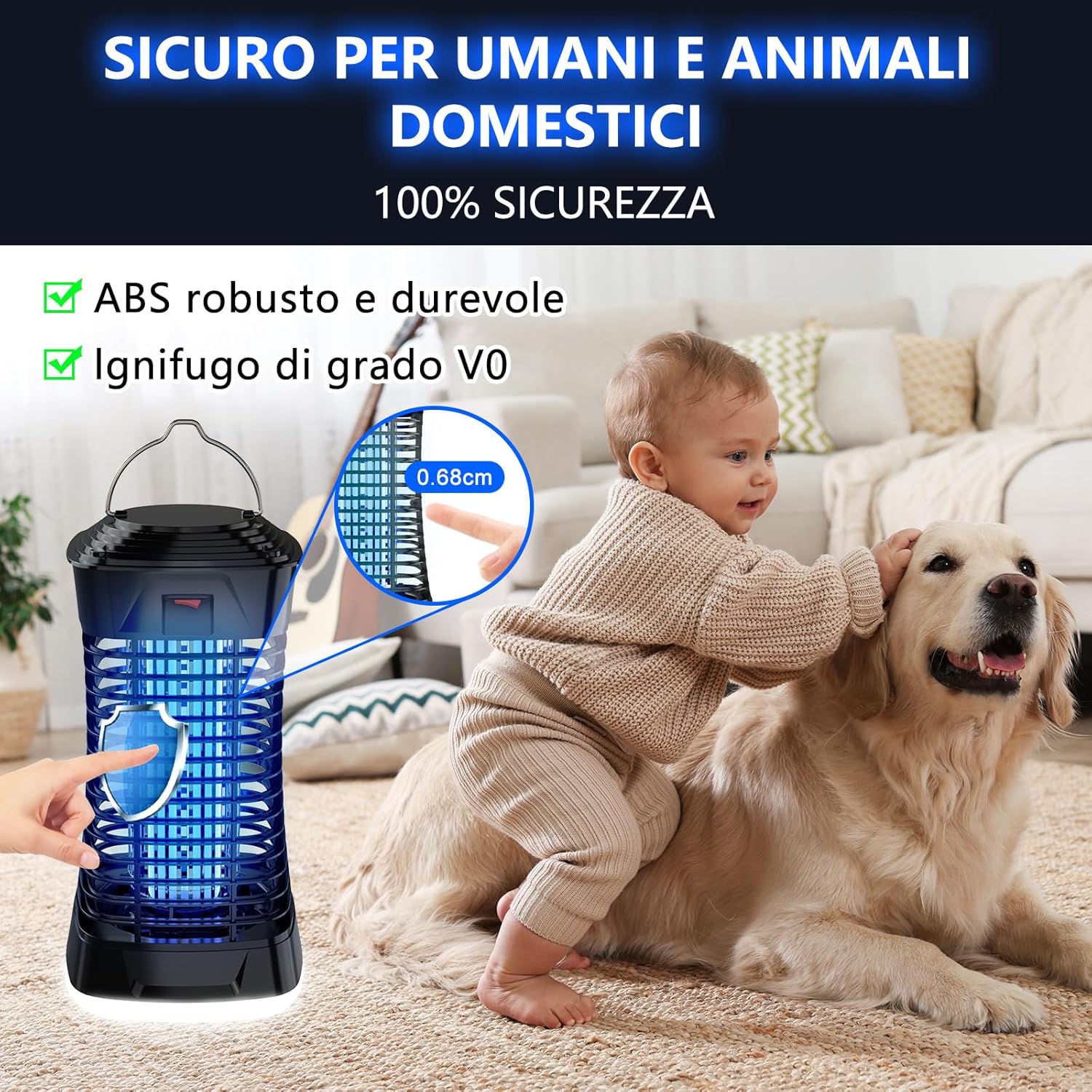 Detalle de Lampada Antizanzare Elettrica 4200V 15W con Luce LED e Griglia ad Alta Tensione – Copertura fino a 150 m², IPX4