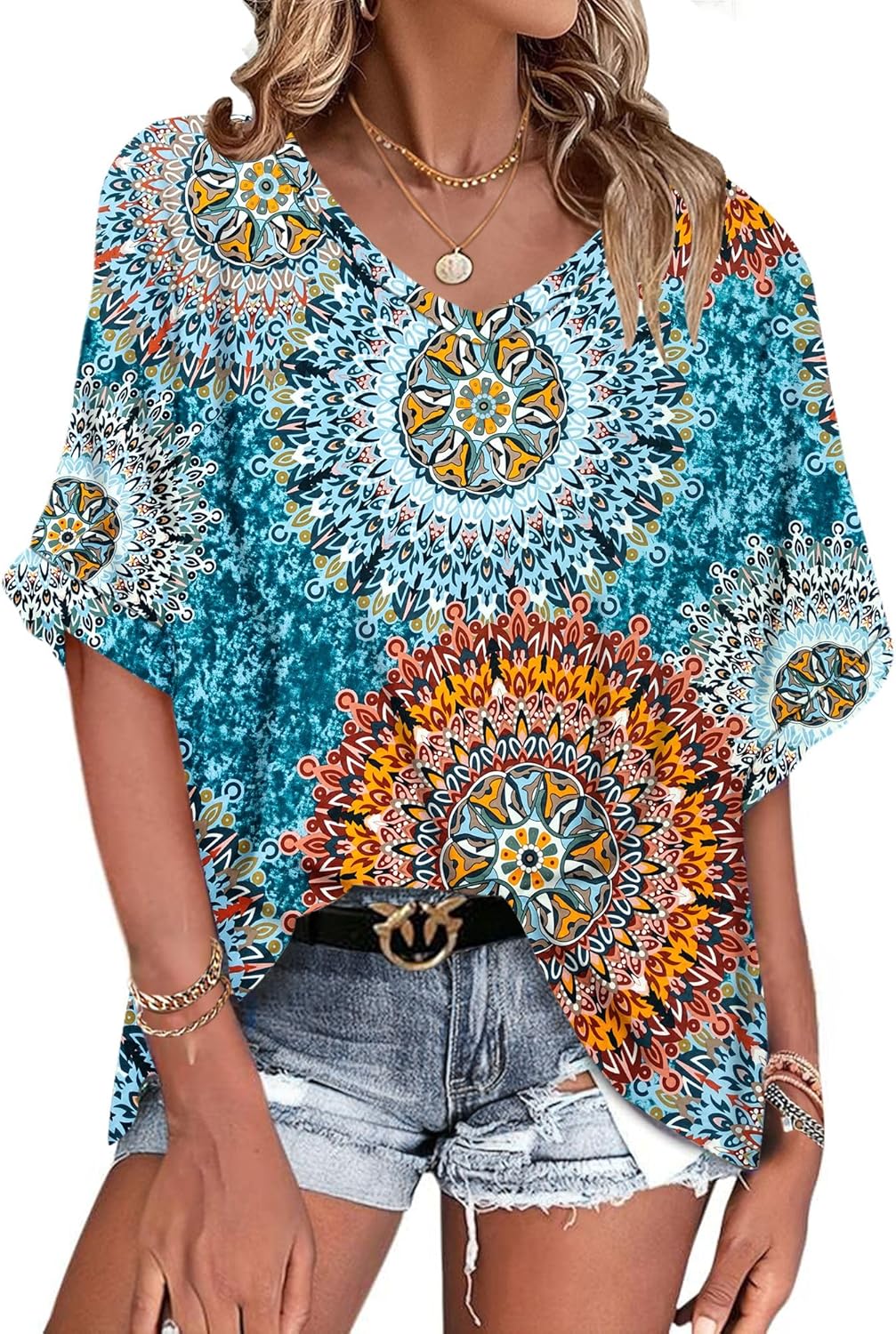 Thumbnail 4 de WNEEDU Tee Shirt Oversize Femme Col V – Haut été décontracté, manches courtes, grande taille