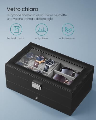 Detalle de SONGMICS Porta Orologi a 6 Posti con Cassetto e Coperchio in Vetro – OrganizerElegante per Reparto Accessori