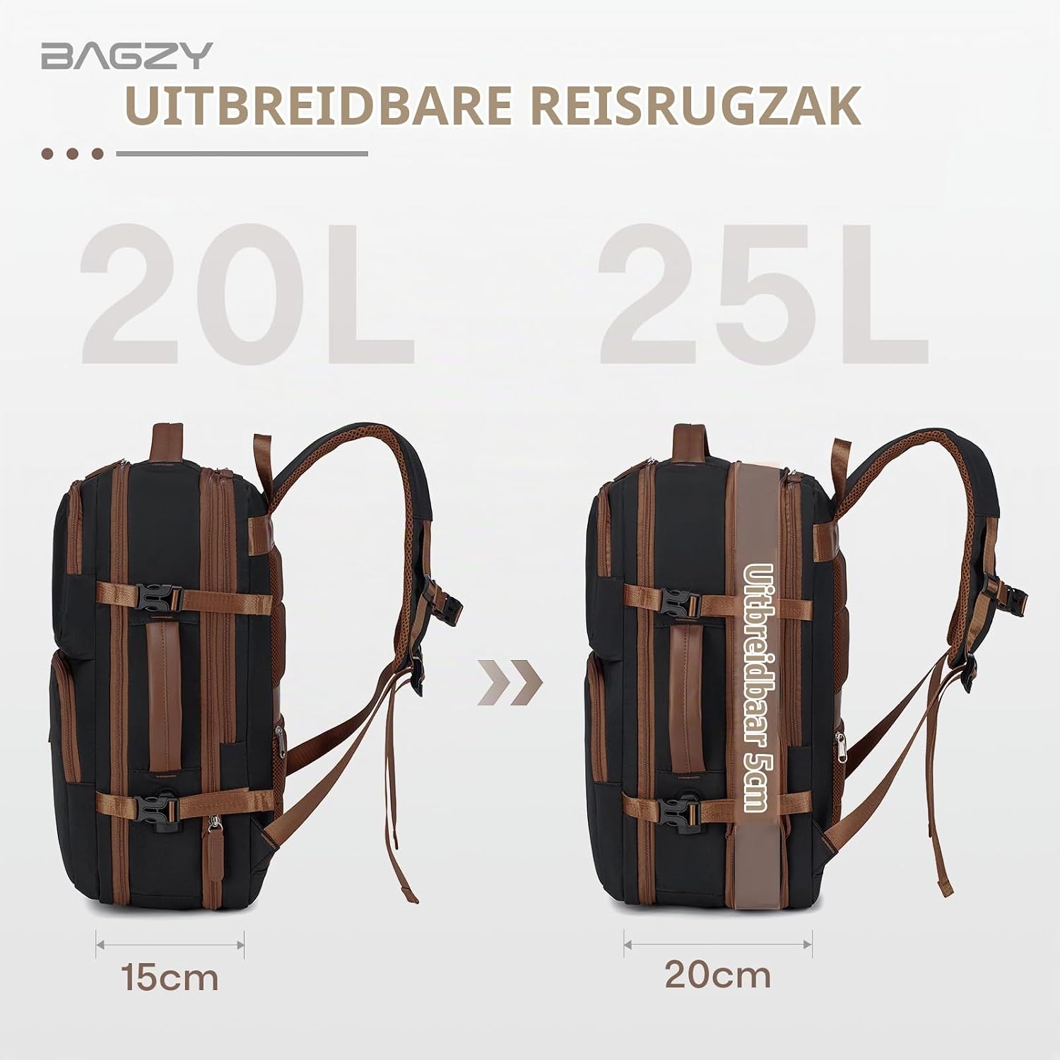 Detalle de BAGZY handbagage-rugzak, uitbreidbaar tot 25 liter, met 15,6-inch laptopvak