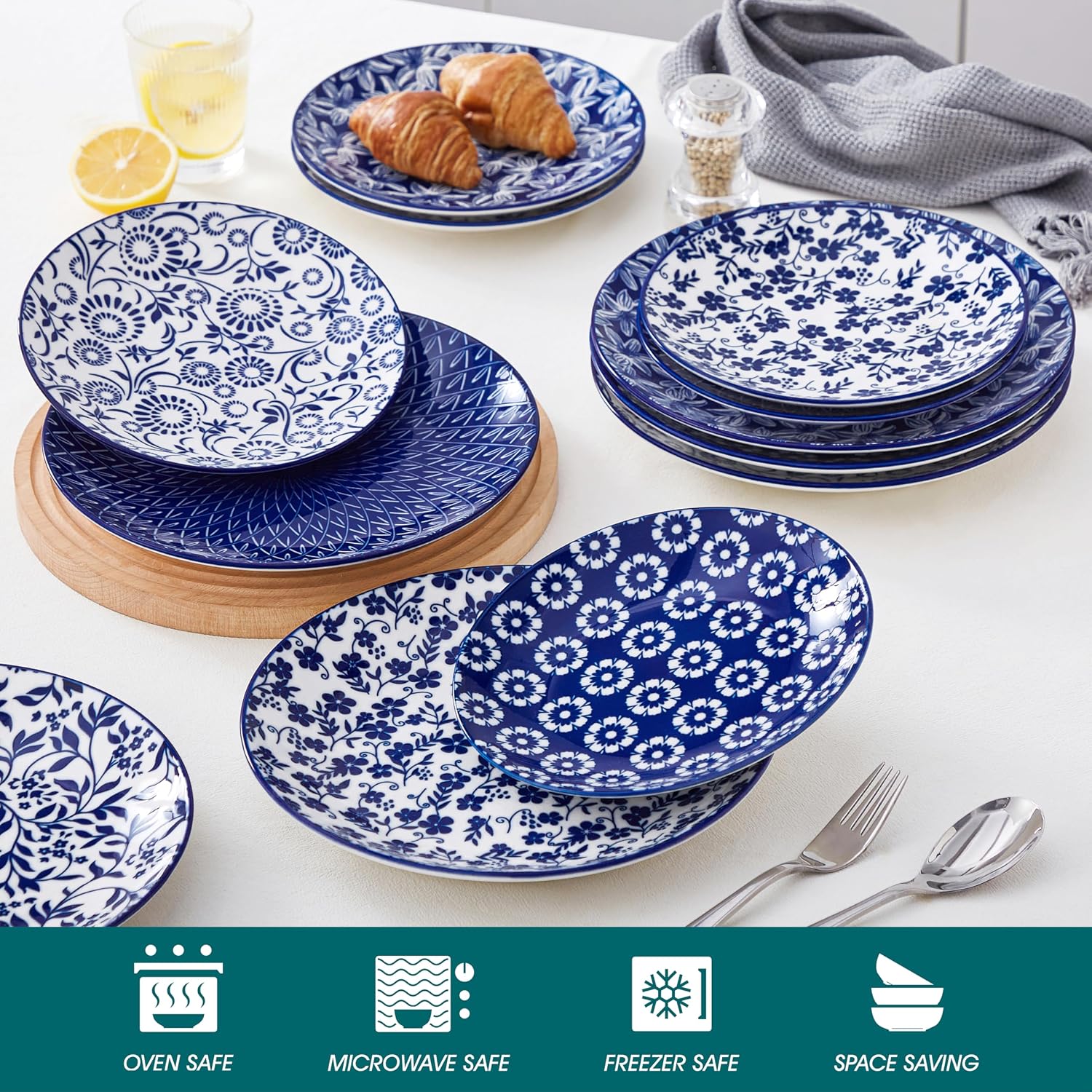 Detalle de vancasso SELENE porseleinen dinerborden, set van 6, handbeschilderd kobaltblauw