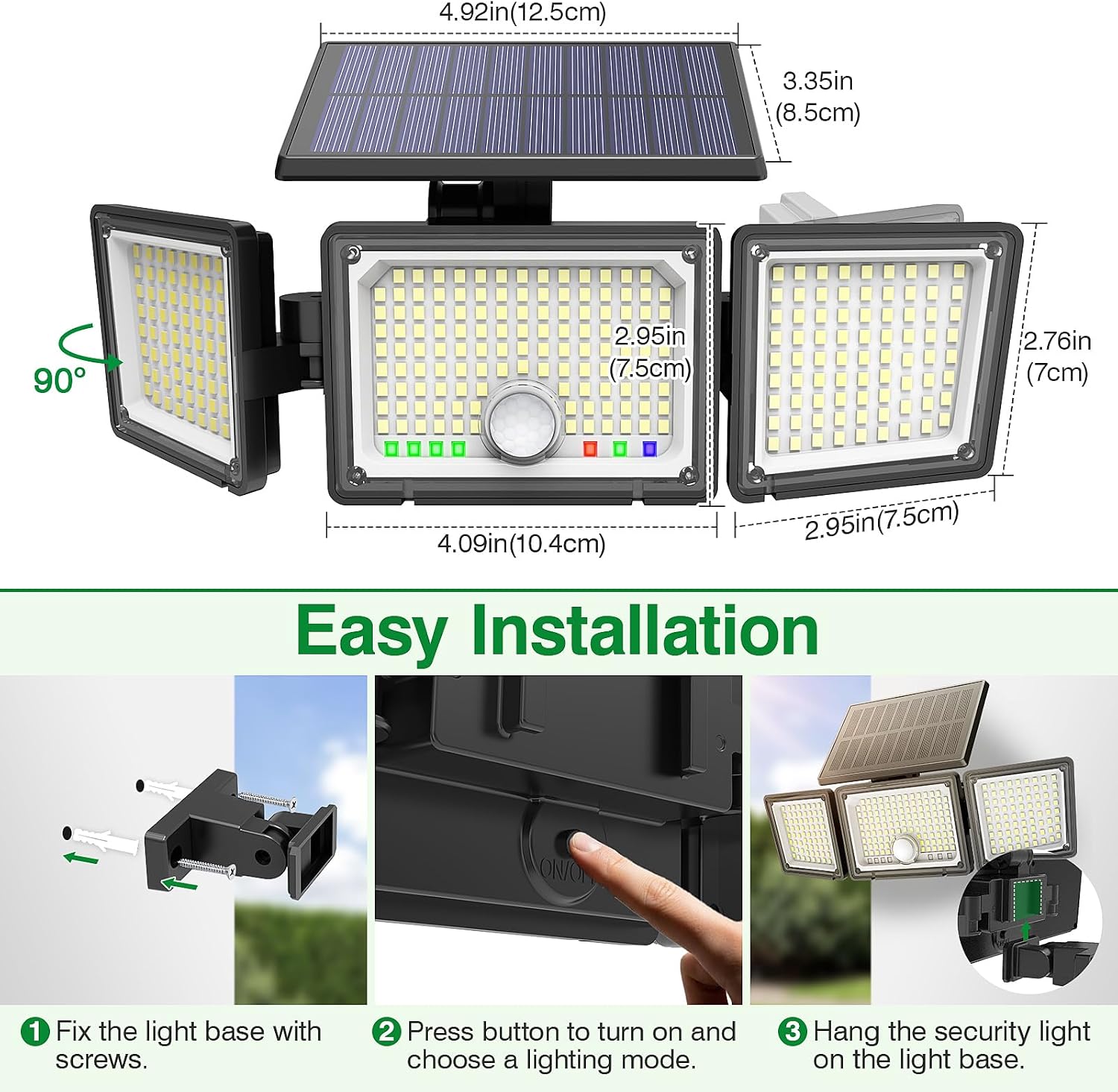 Detalle de Solar Lights Outdoor 286 LEDs 2500LM 3-Head Motion Sensor Flood Light (4-Pack) with Power Display