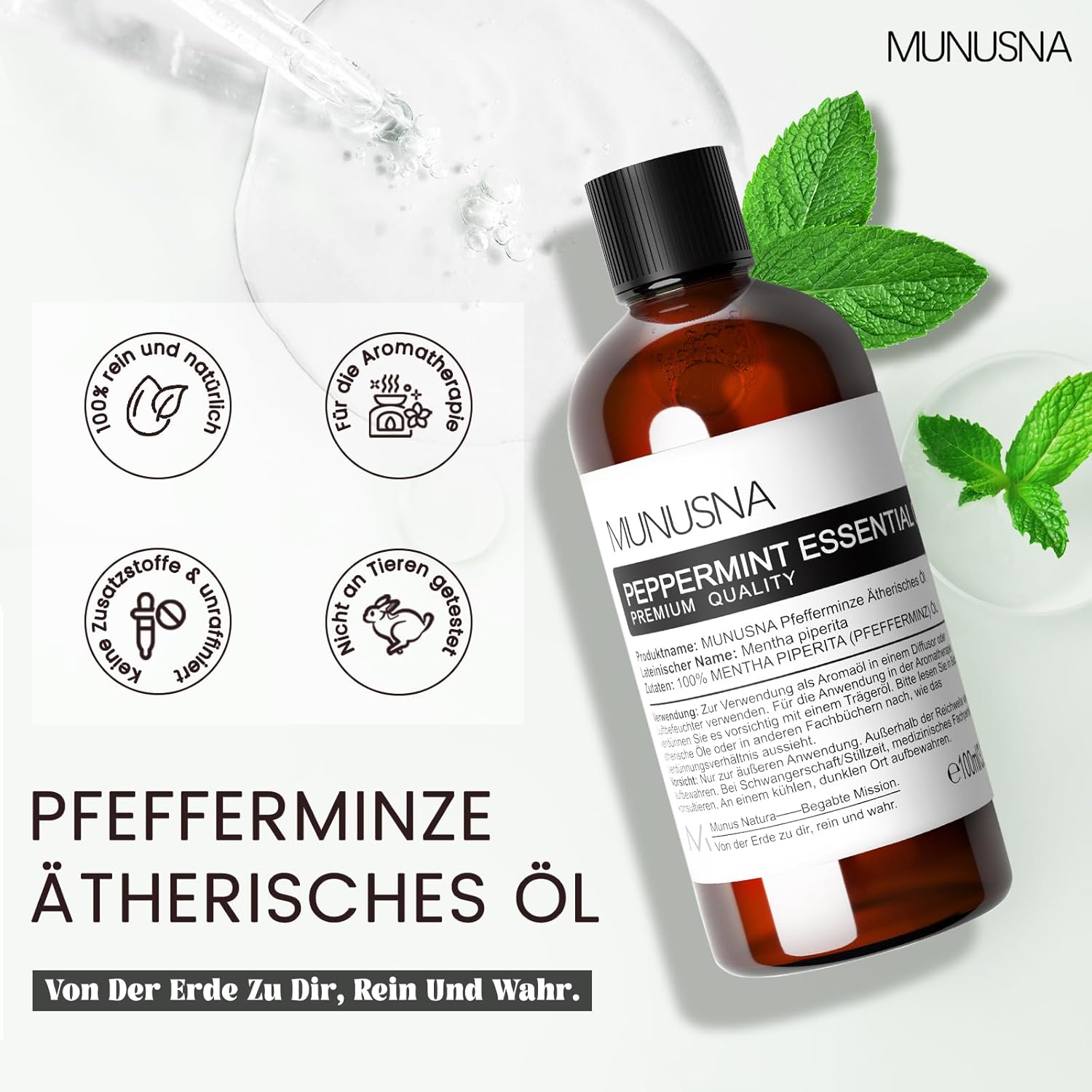 Detalle de Pfefferminzöl 100ML von MUNUSNA – reines ätherisches Öl für Diffuser, Sauna und Wellness