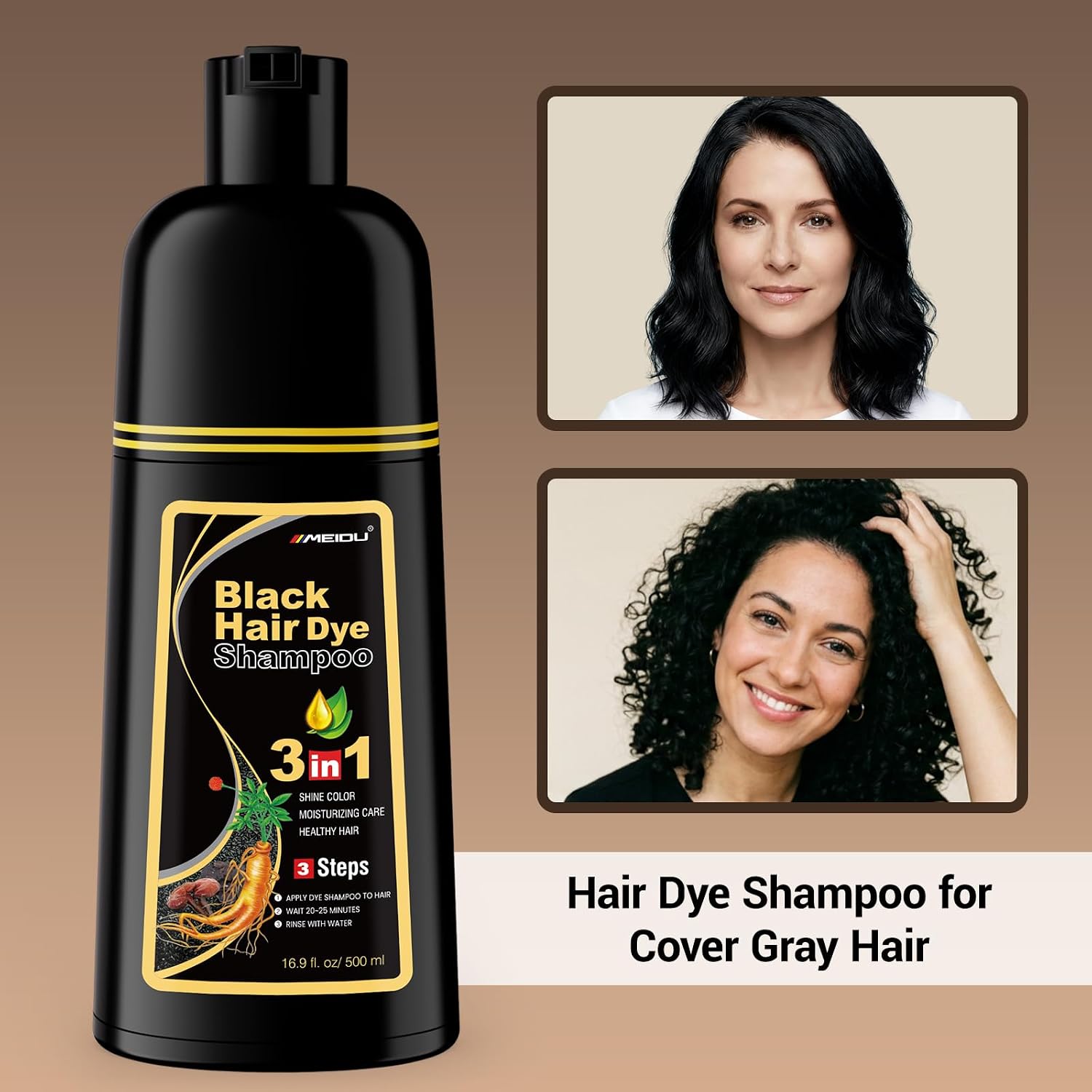 Thumbnail 2 de IIIMEIDU MEIDU Black Hair Dye Shampoo 3 in 1 — Gray Coverage, Semi-Permanent Color for Color-Treated Hair
