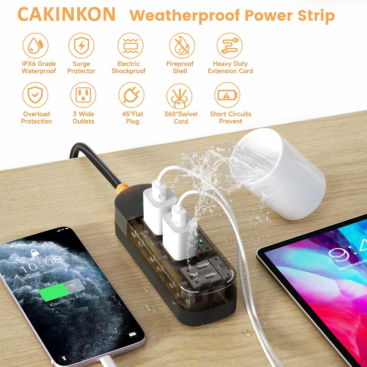 Thumbnail 2 de CAKINKON Outdoor Power Strip Weatherproof (10 ft) With 3 AC Outlets and Surge Protection, UL Listed