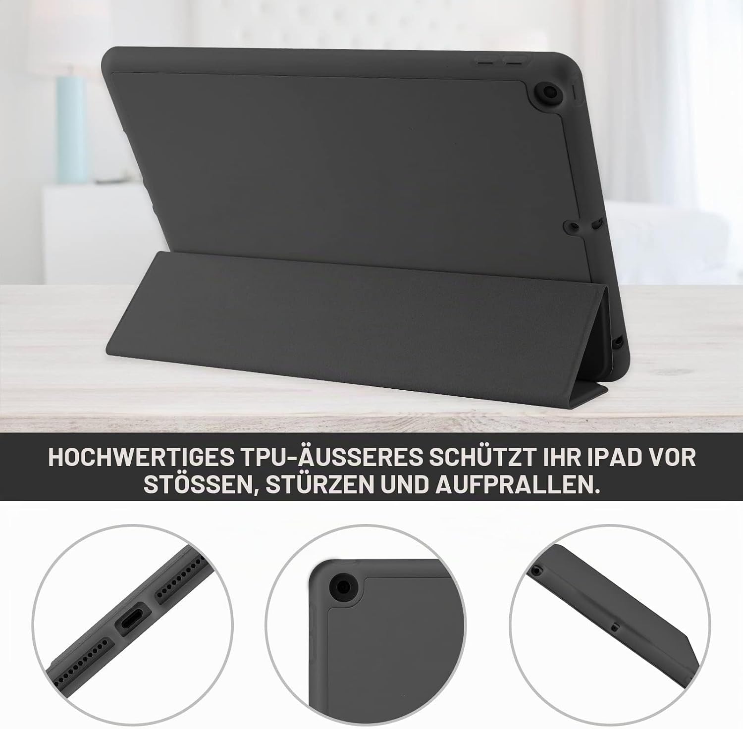 Detalle de Hülle für iPad 9.Gen / 8. Gen / 7. Gen (10,2 Zoll) mit Stifthalter, Trifold-Stand, Auto Schlafen/Wachen – Schwarz