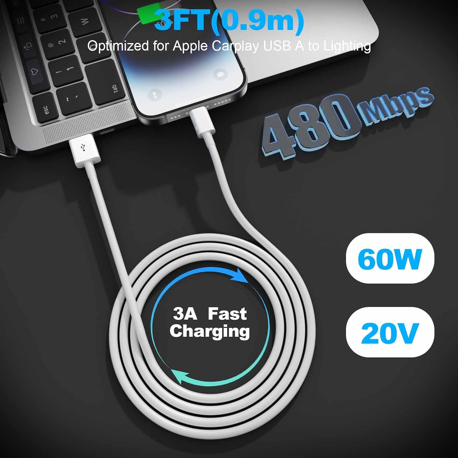 Detalle 2 de Car Apple Carplay Cable: USB A to Lightning, 3FT for iPhone CarPlay