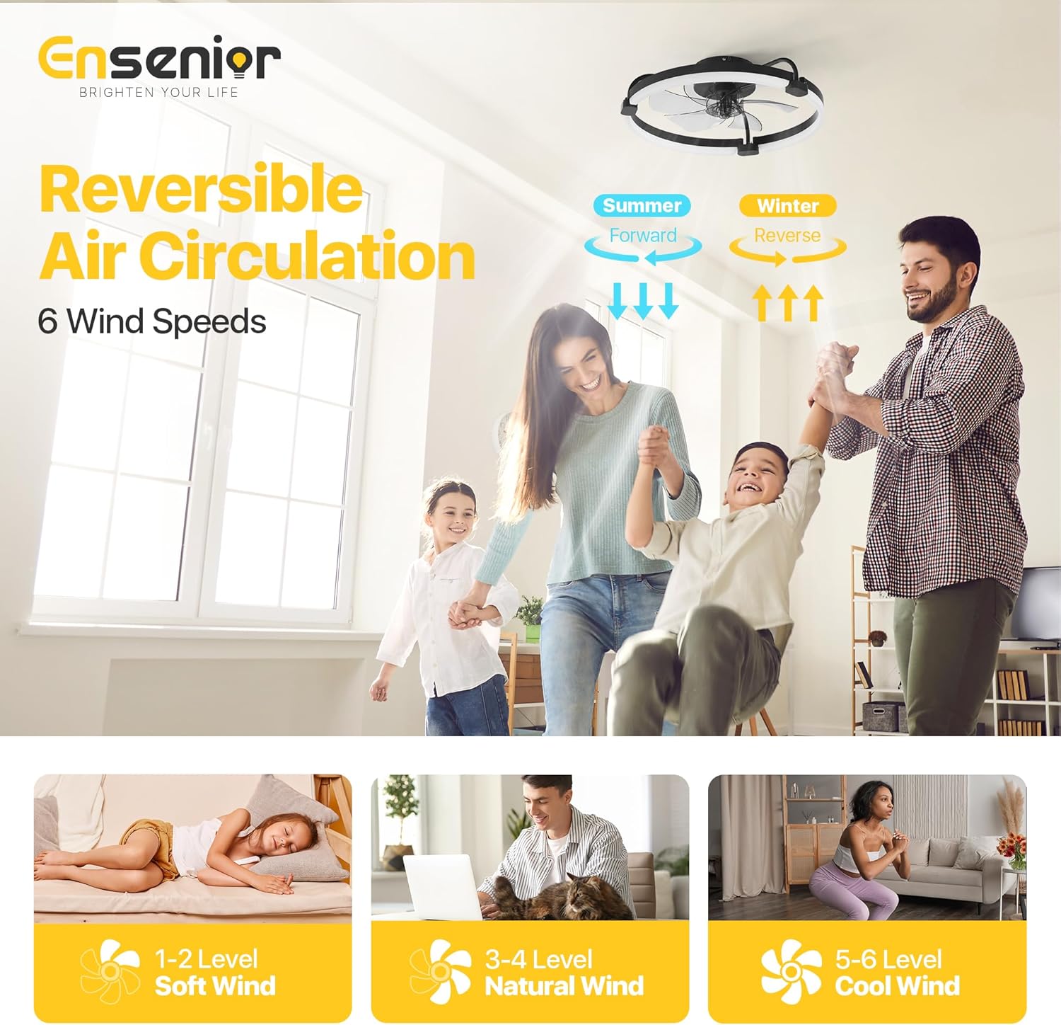 Detalle 2 de Ensenior Deckenventilator mit Beleuchtung – 50 cm, flaches Design, 6 Stufen, dimmbares Licht, Fernbedienung und App-Steuerung