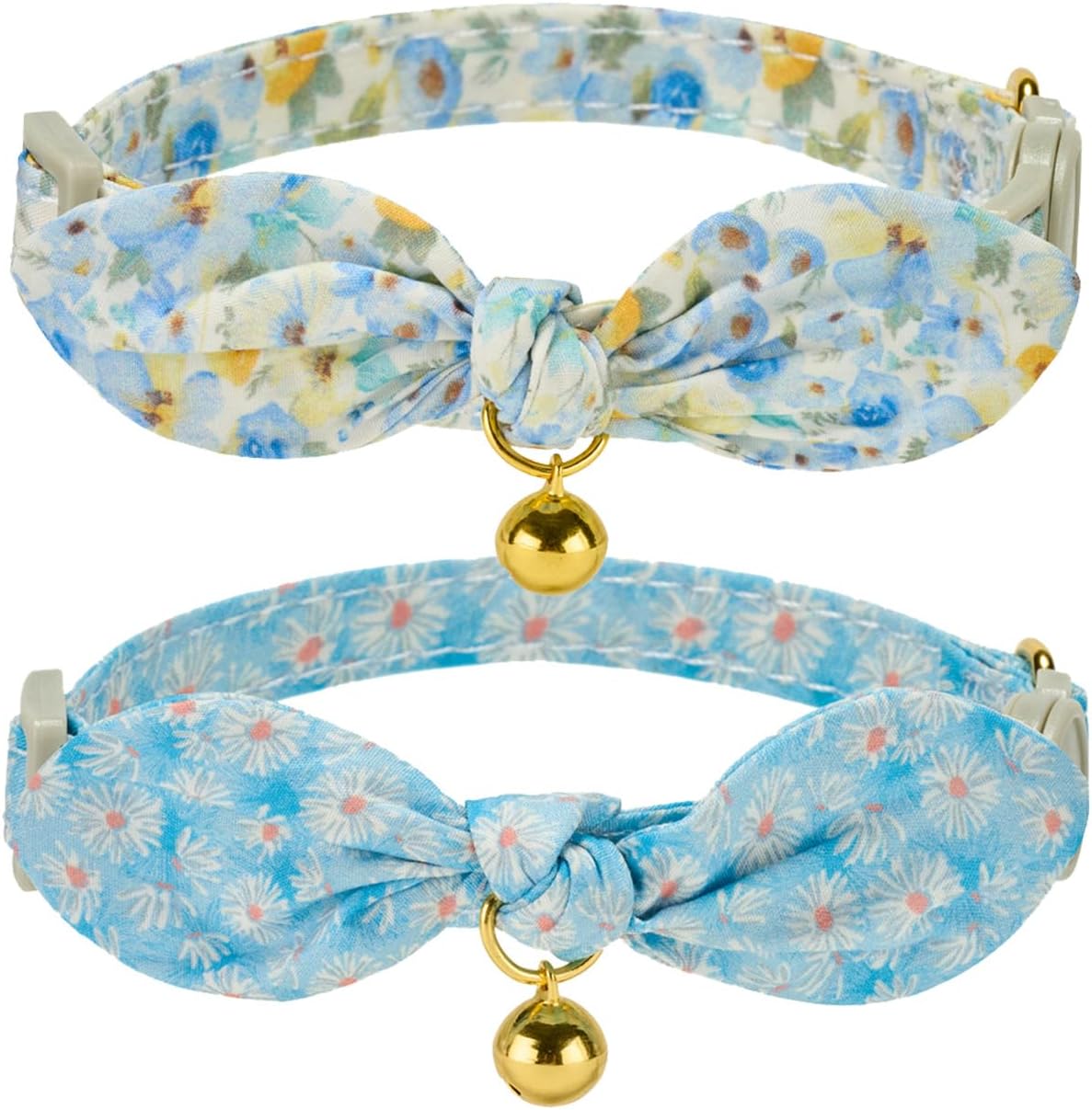 Detalle de YUDOTE 2 Pack Cotton Cat Collars with Bowtie and Bell (Blue Flower & Daisy), Quick-Release Safety Buckle