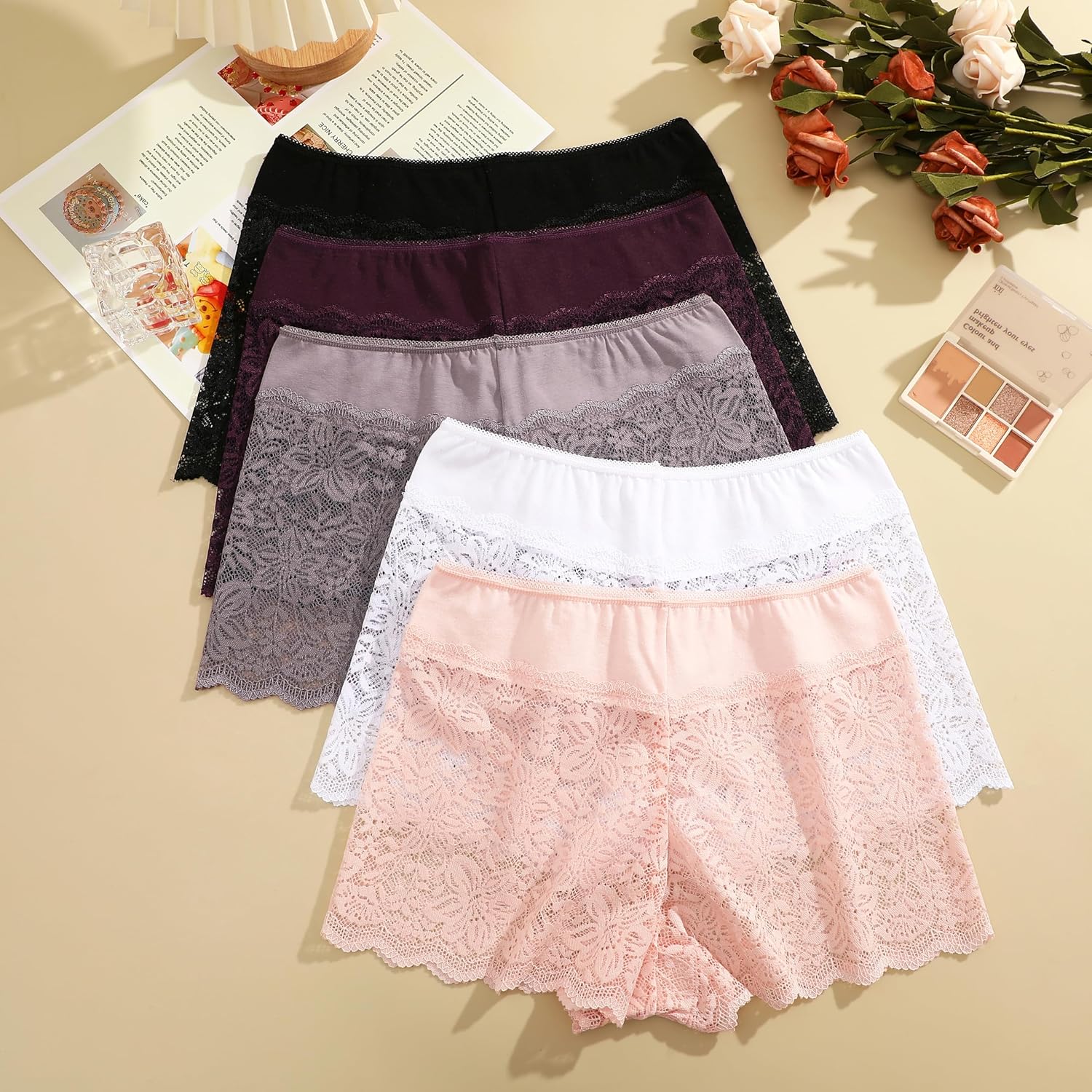 Thumbnail 2 de ALL OF SHE Lot de 5 boxers femme en dentelle – boxer/culotte shorty respirant à ceinture en coton (S à XXL)