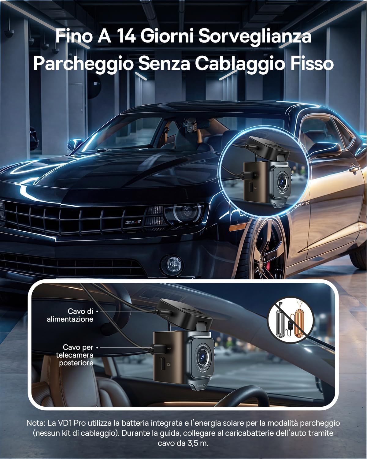 Detalle de Baseus VD1 Pro Dashcam: registrazione frontale 4K + posteriore 1080P, parcheggio solare e WiFi 5GHz